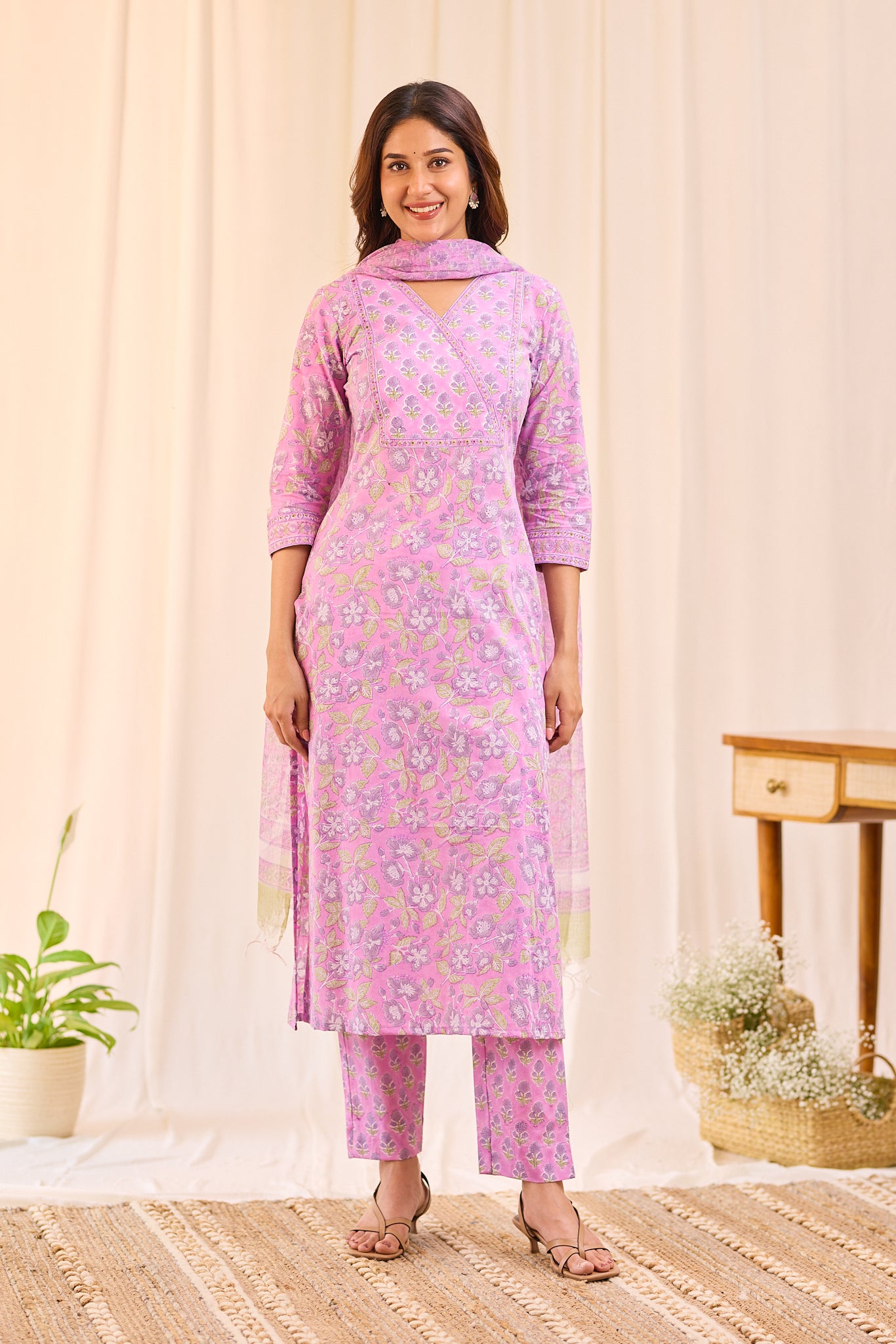 Light Lavender Floral Block Printed Cotton Suit Set with Kota Dupatta