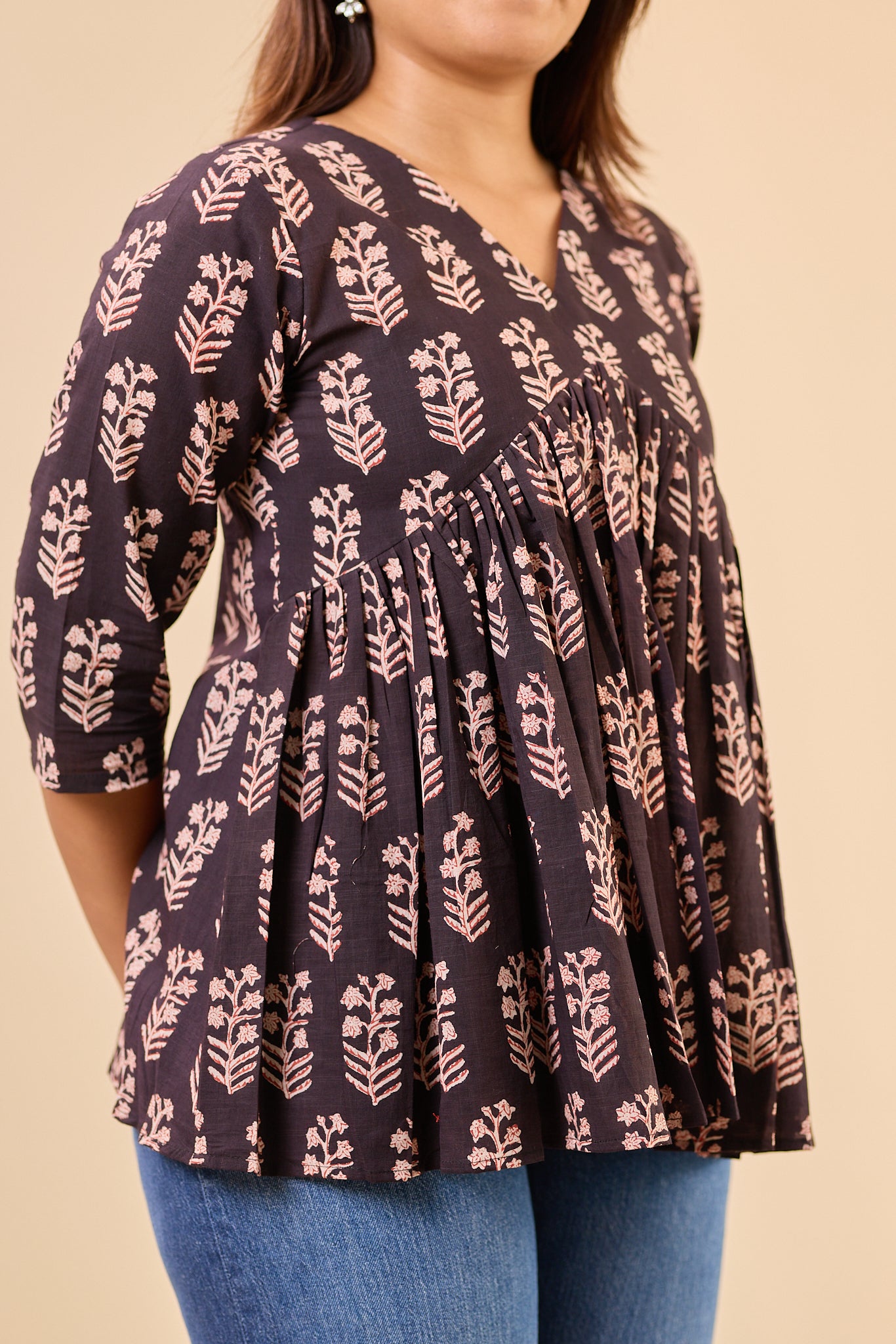 Black Bagru Block Printed Alia Cut Short Kurti