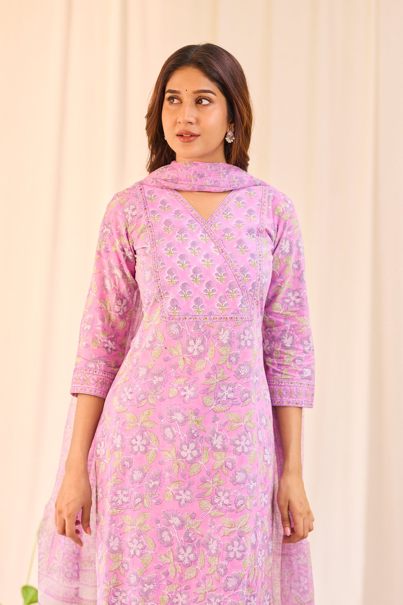 Light Lavender Floral Block Printed Cotton Suit Set with Kota Dupatta