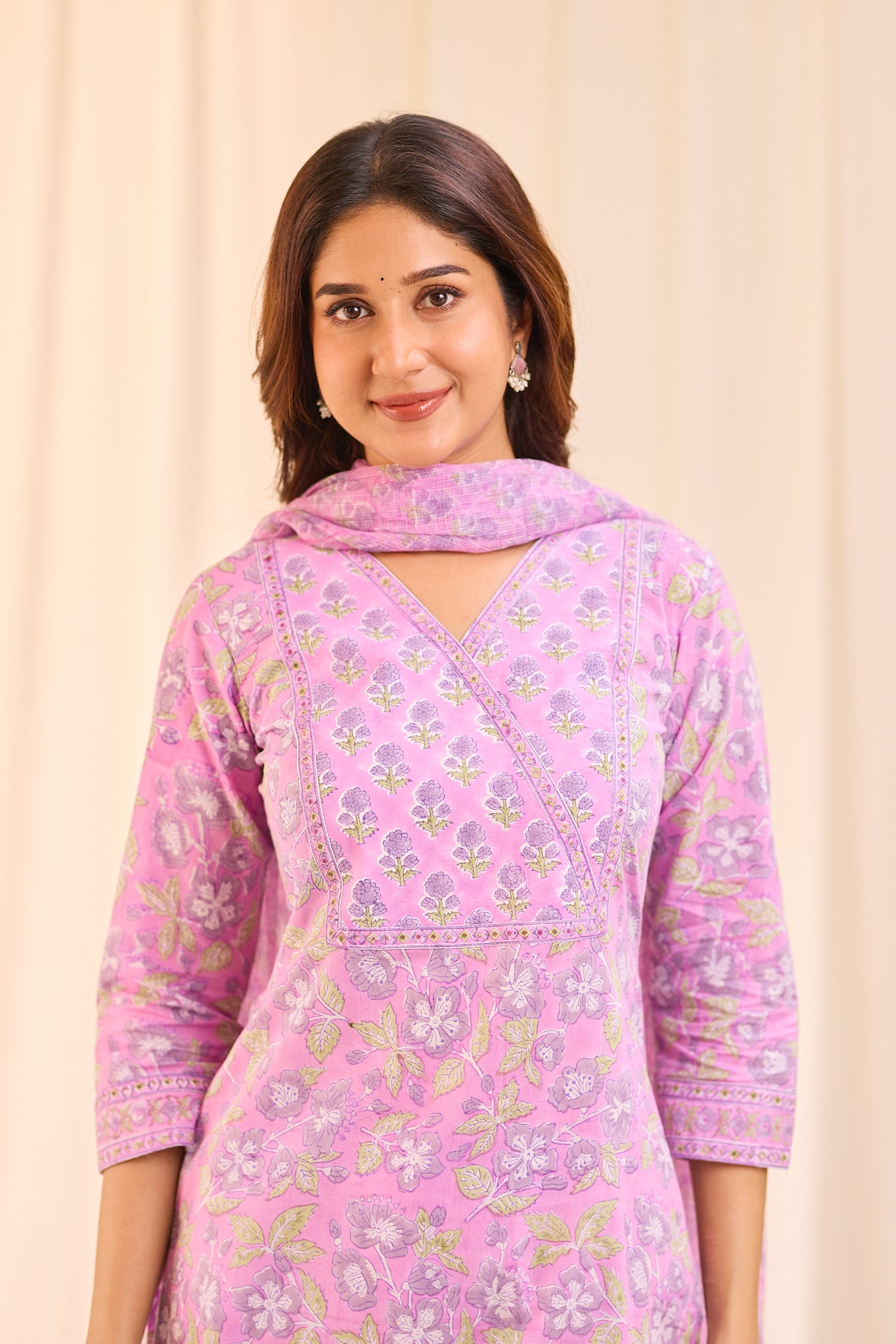 Light Lavender Floral Block Printed Cotton Suit Set with Kota Dupatta