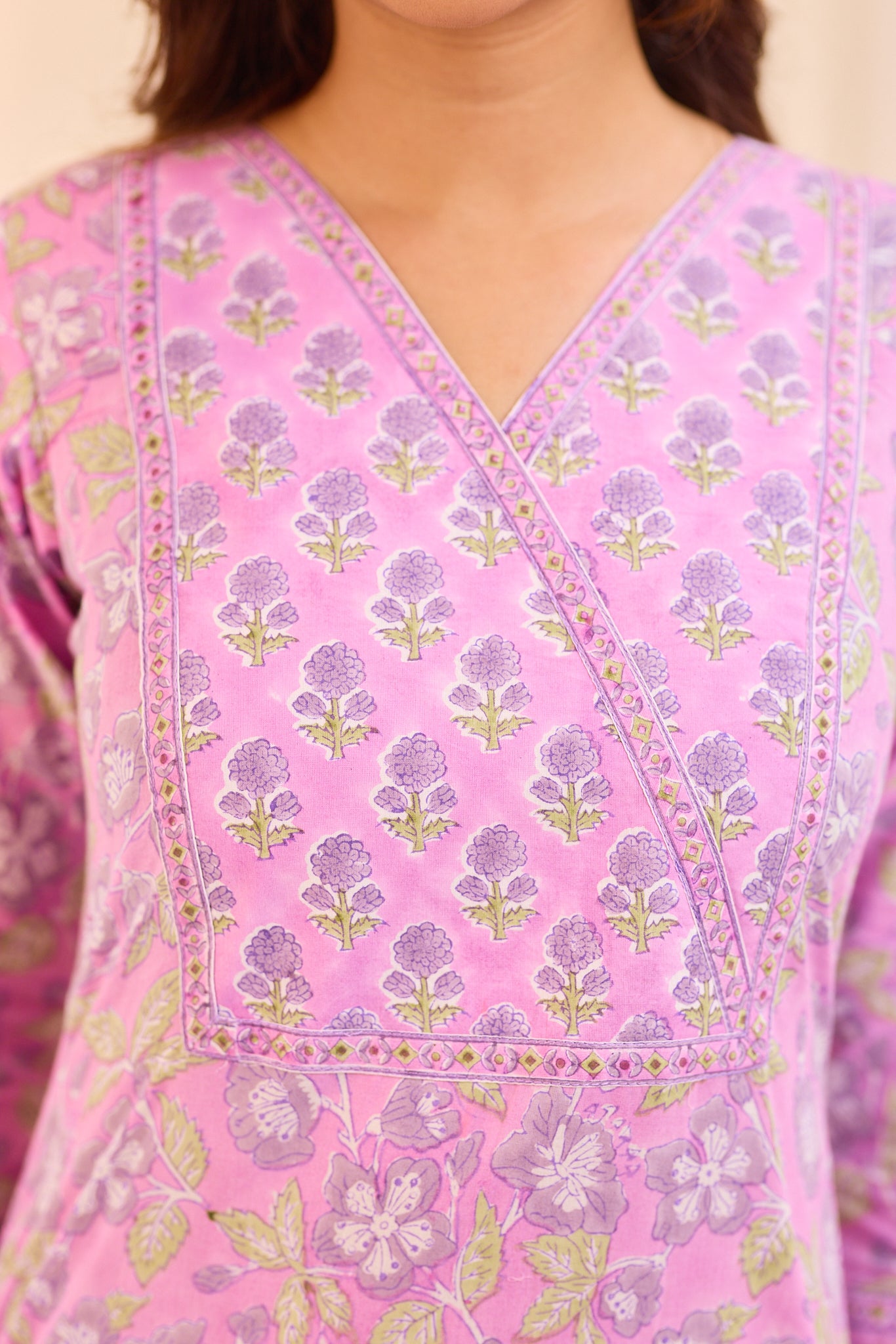 Light Lavender Floral Block Printed Cotton Suit Set with Kota Dupatta