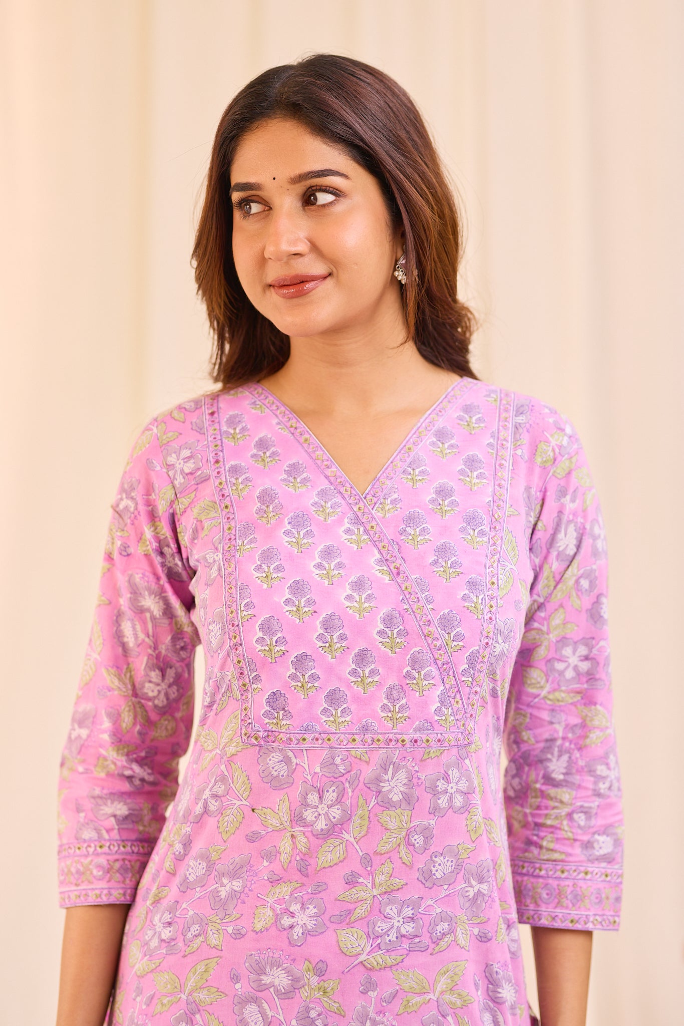 Light Lavender Floral Block Printed Cotton Suit Set with Kota Dupatta