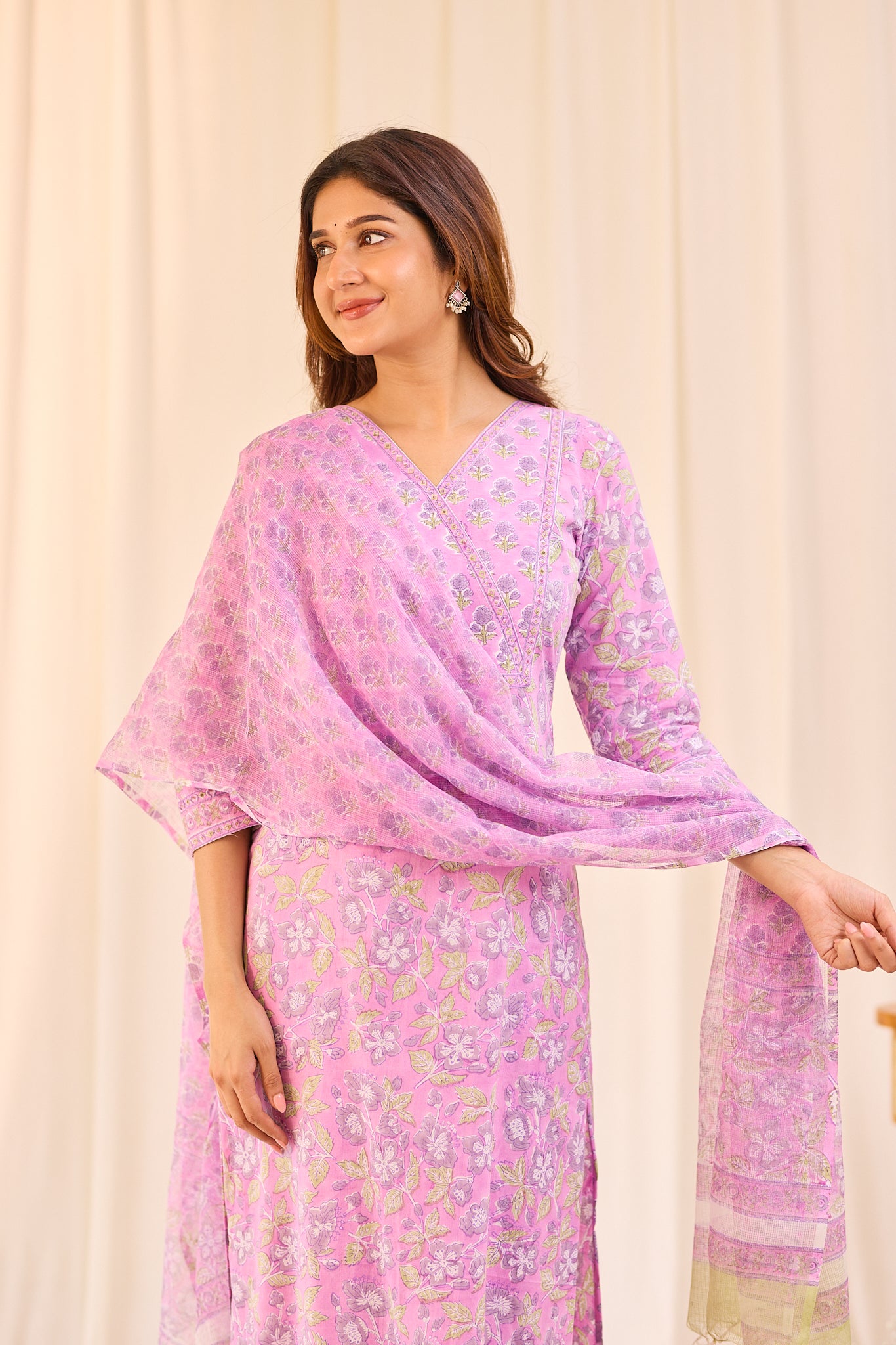 Light Lavender Floral Block Printed Cotton Suit Set with Kota Dupatta