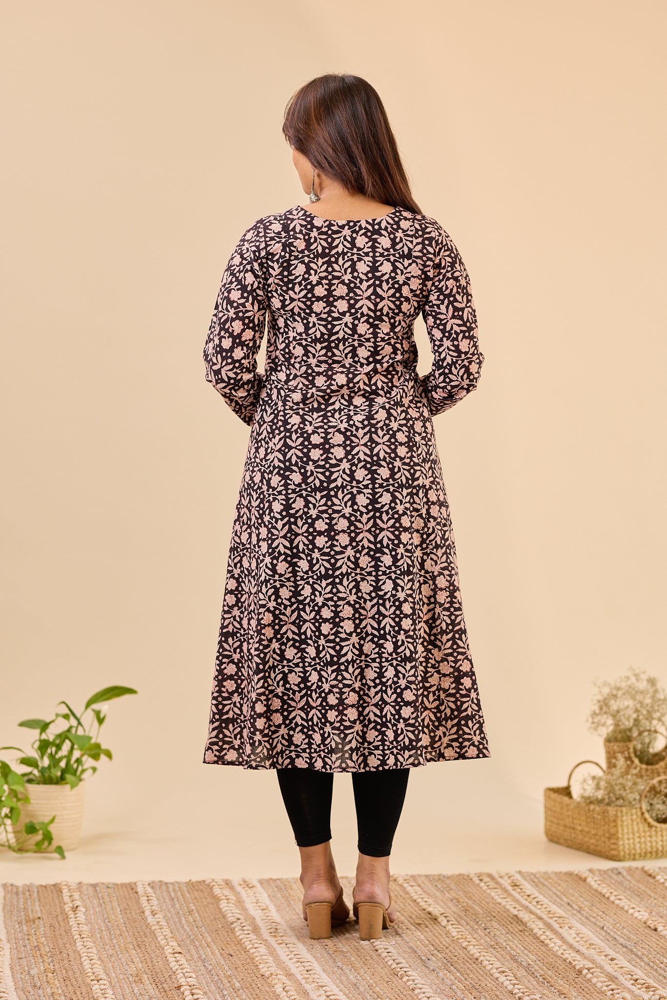 Black Fit and Flare Bagru Hand - Block printed Full Sleeve Kurti
