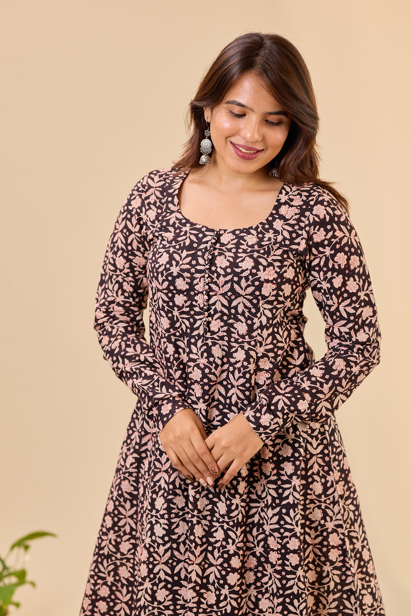 Black Fit and Flare Bagru Hand - Block printed Full Sleeve Kurti