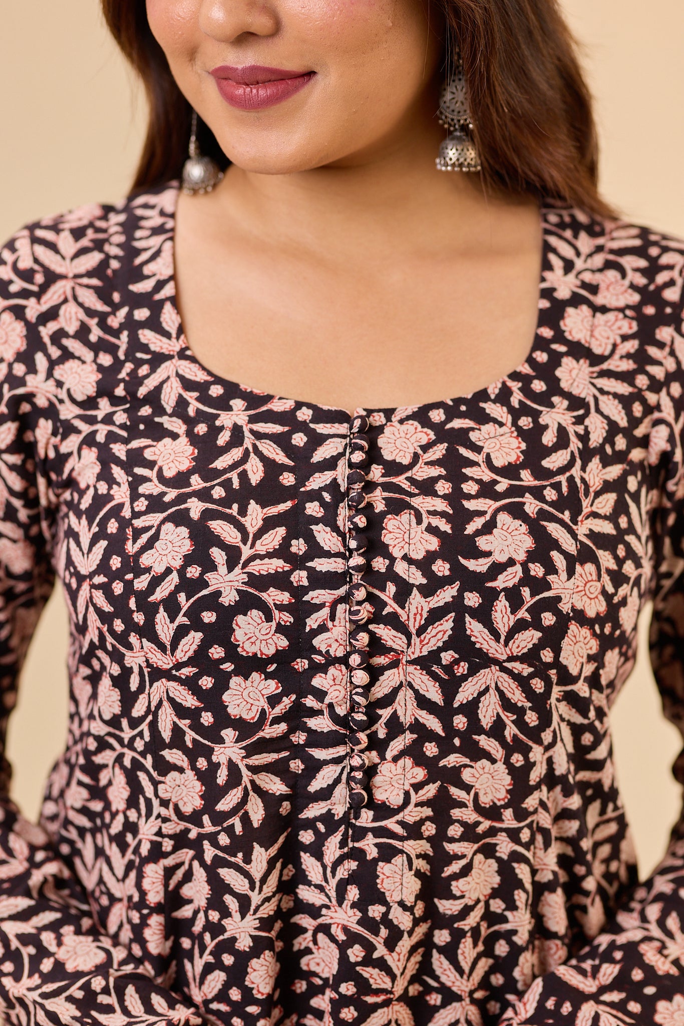 Black Fit and Flare Bagru Hand - Block printed Full Sleeve Kurti
