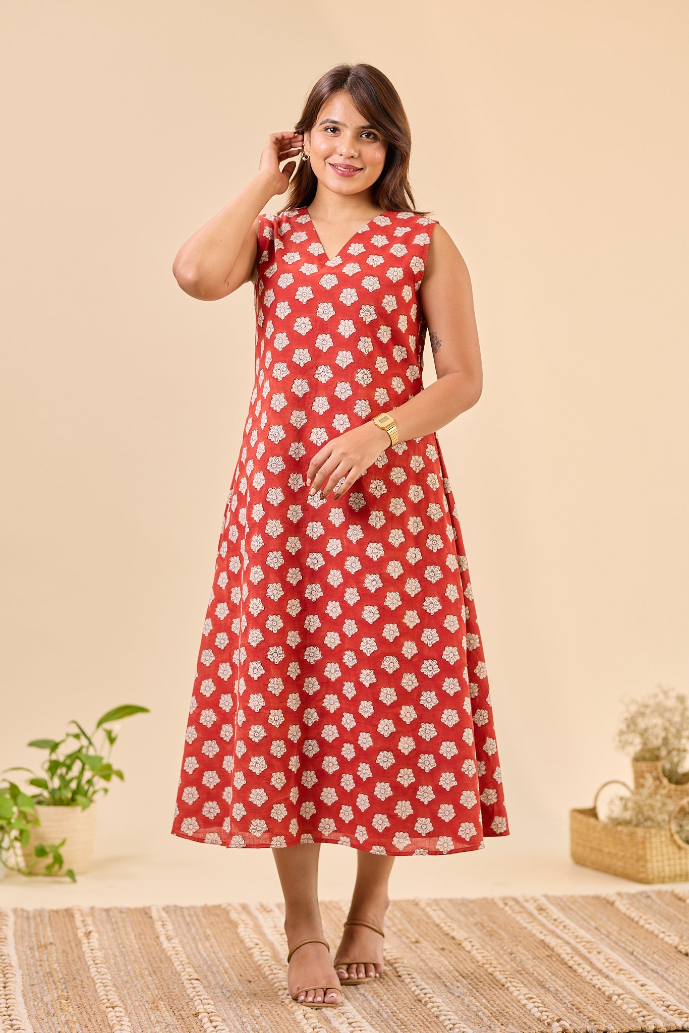 Maroon Sleeve-less Bagru Hand-Block Printed Dress