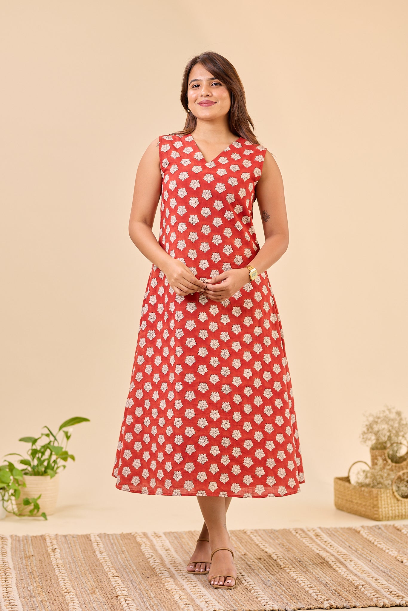 Maroon Sleeve-less Bagru Hand-Block Printed Dress