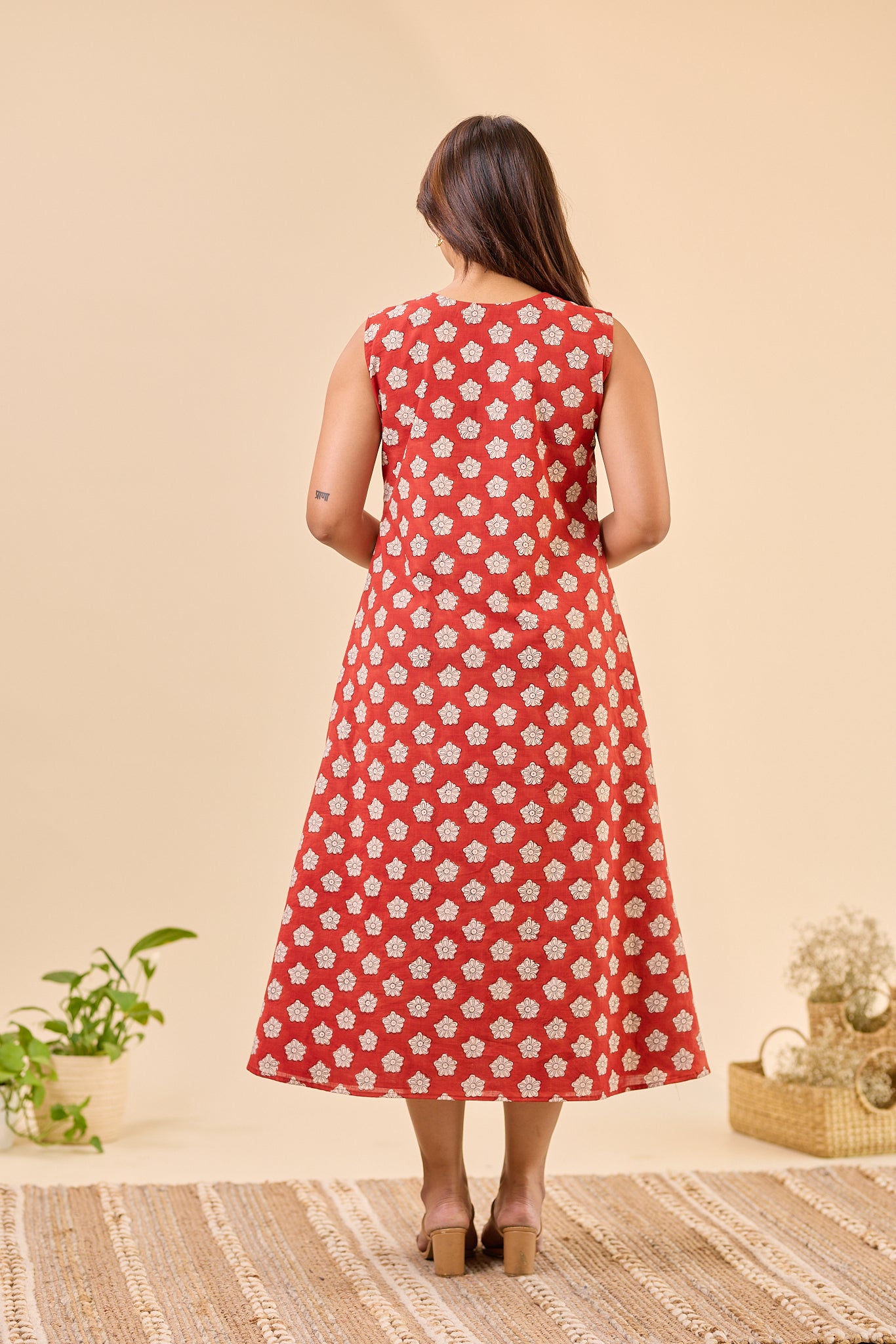 Maroon Sleeve-less Bagru Hand-Block Printed Dress