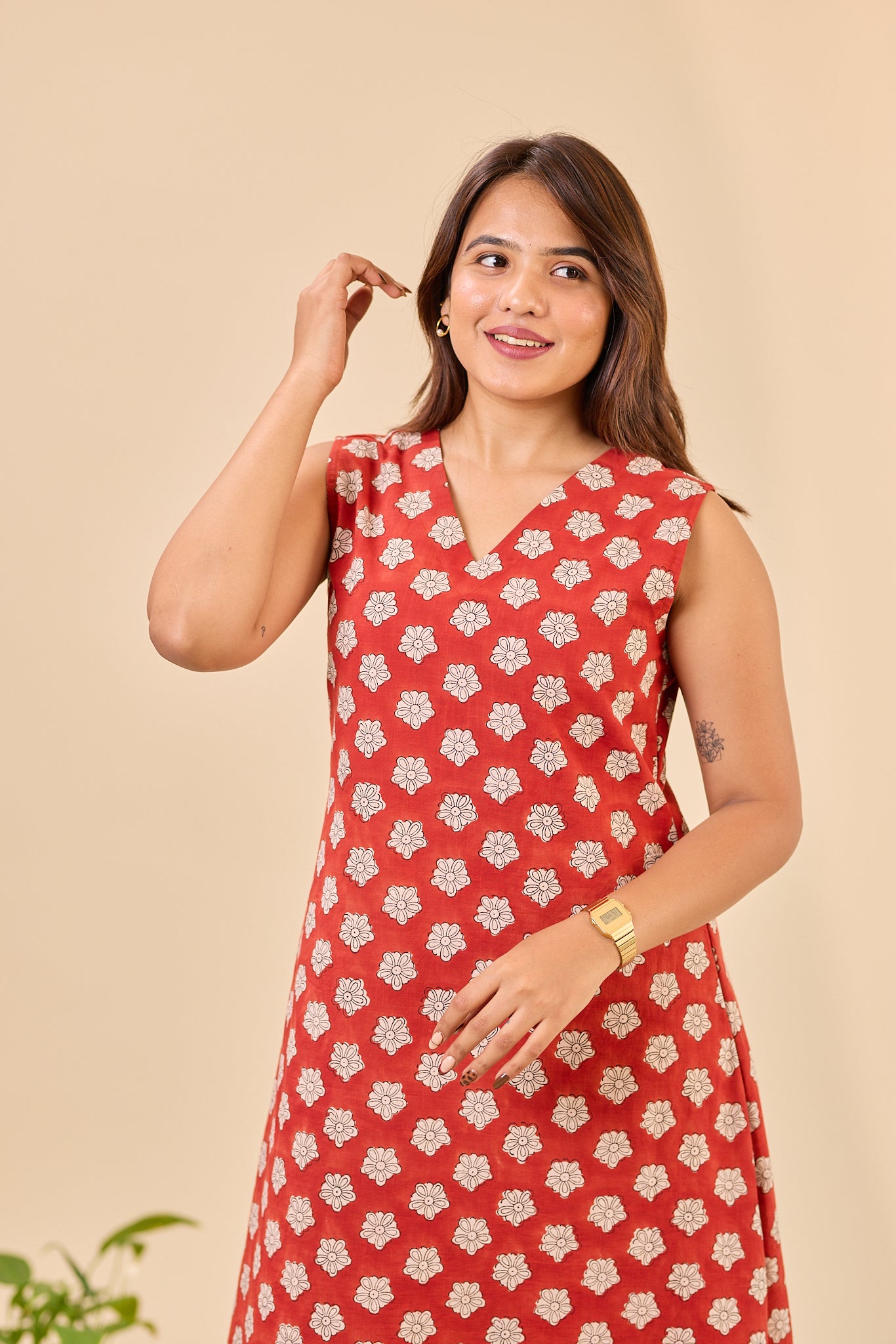 Maroon Sleeve-less Bagru Hand-Block Printed Dress