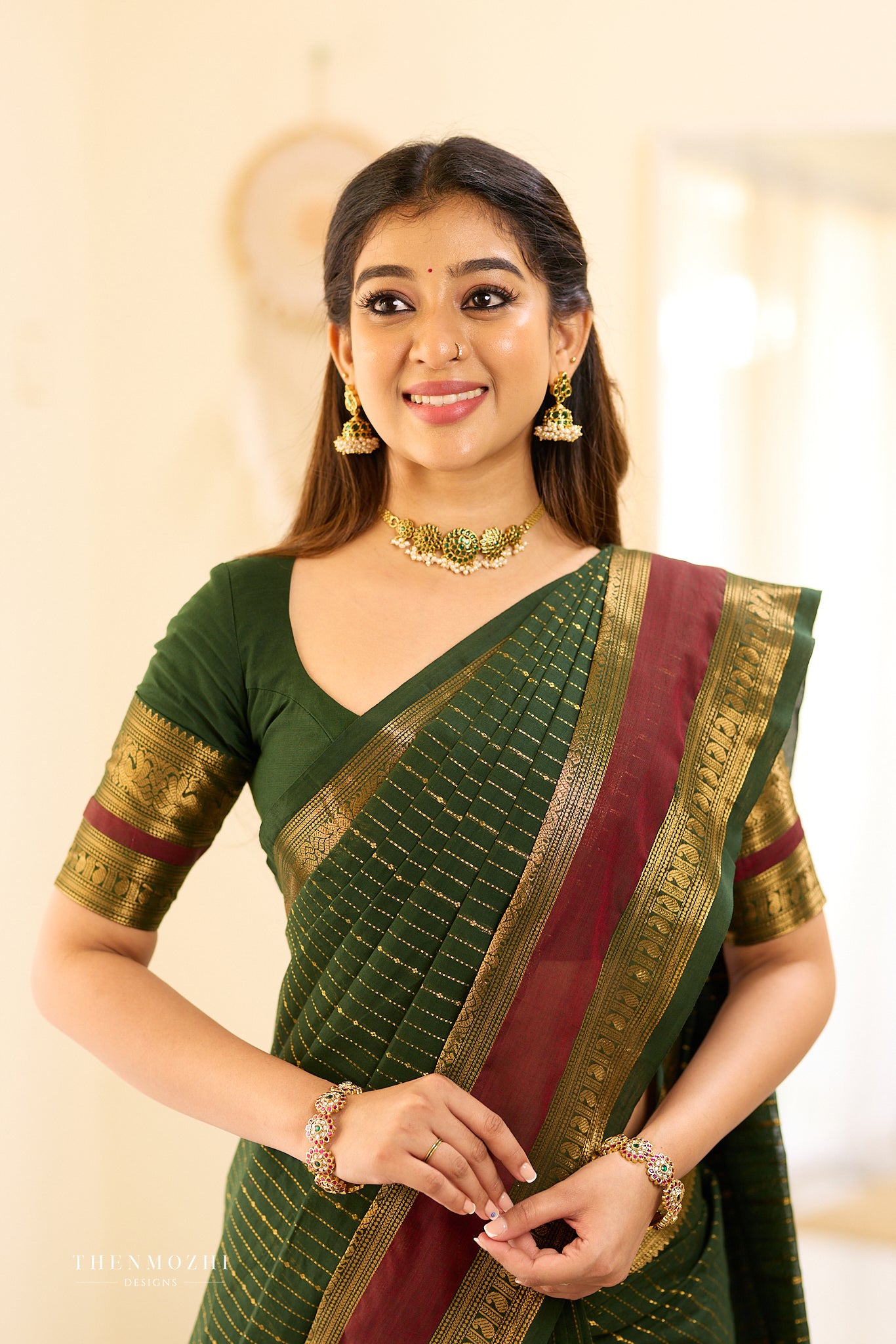Bottle Green and Maroon Border Chettinad Cotton Saree