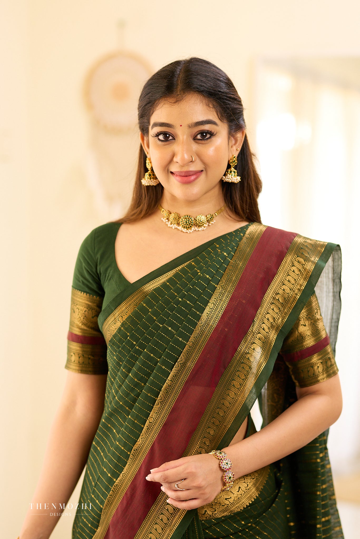 Bottle Green and Maroon Border Chettinad Cotton Saree