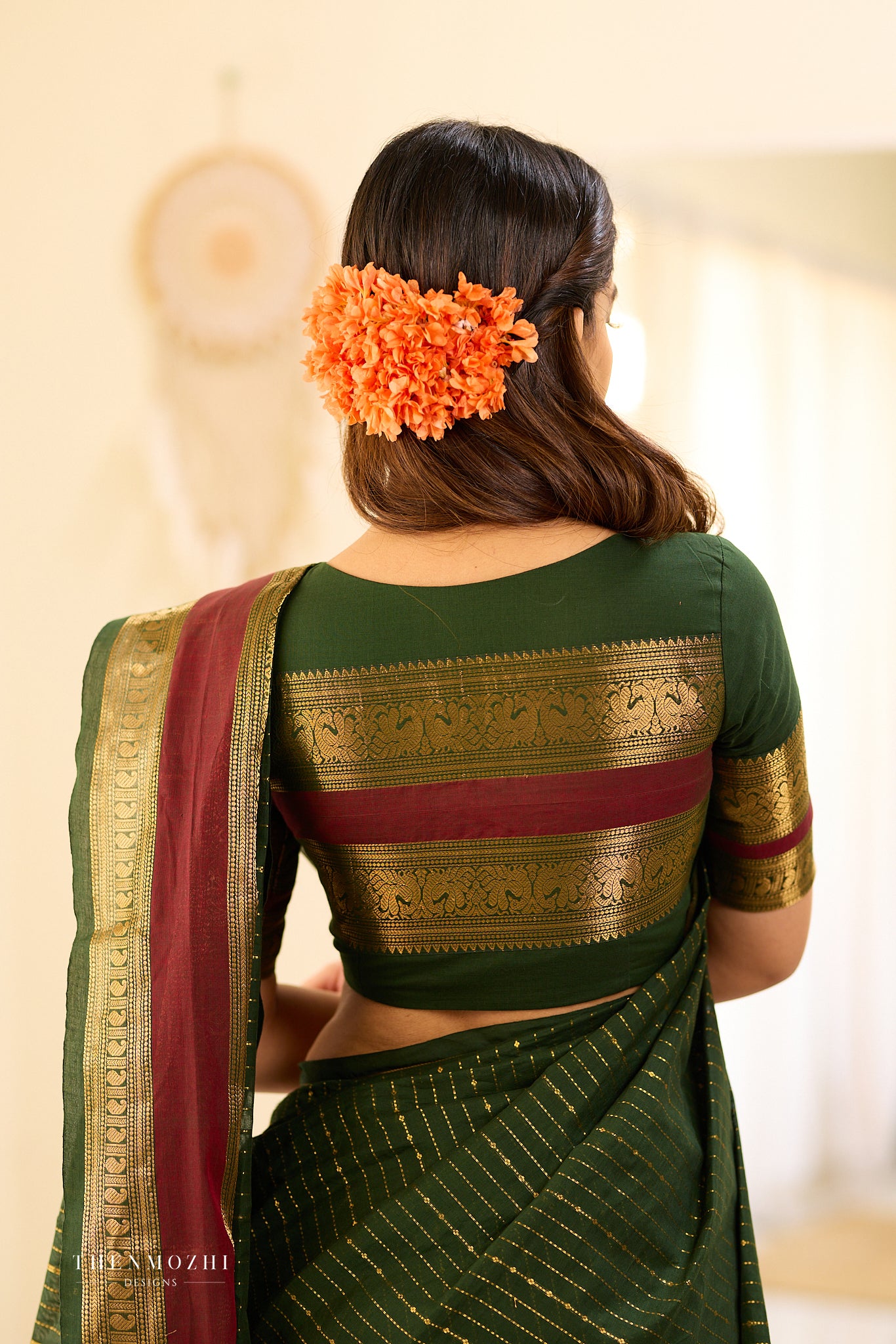 Bottle Green and Maroon Border Chettinad Cotton Saree