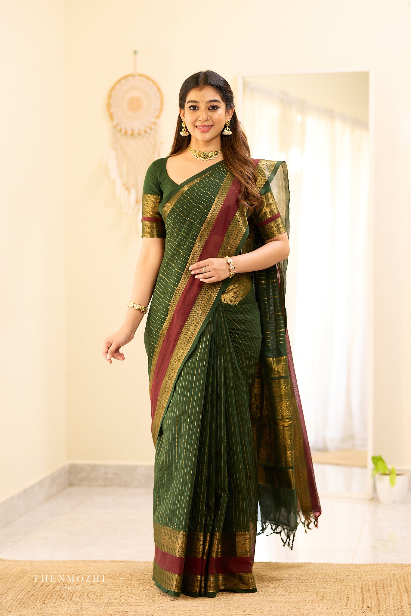 Bottle Green and Maroon Border Chettinad Cotton Saree
