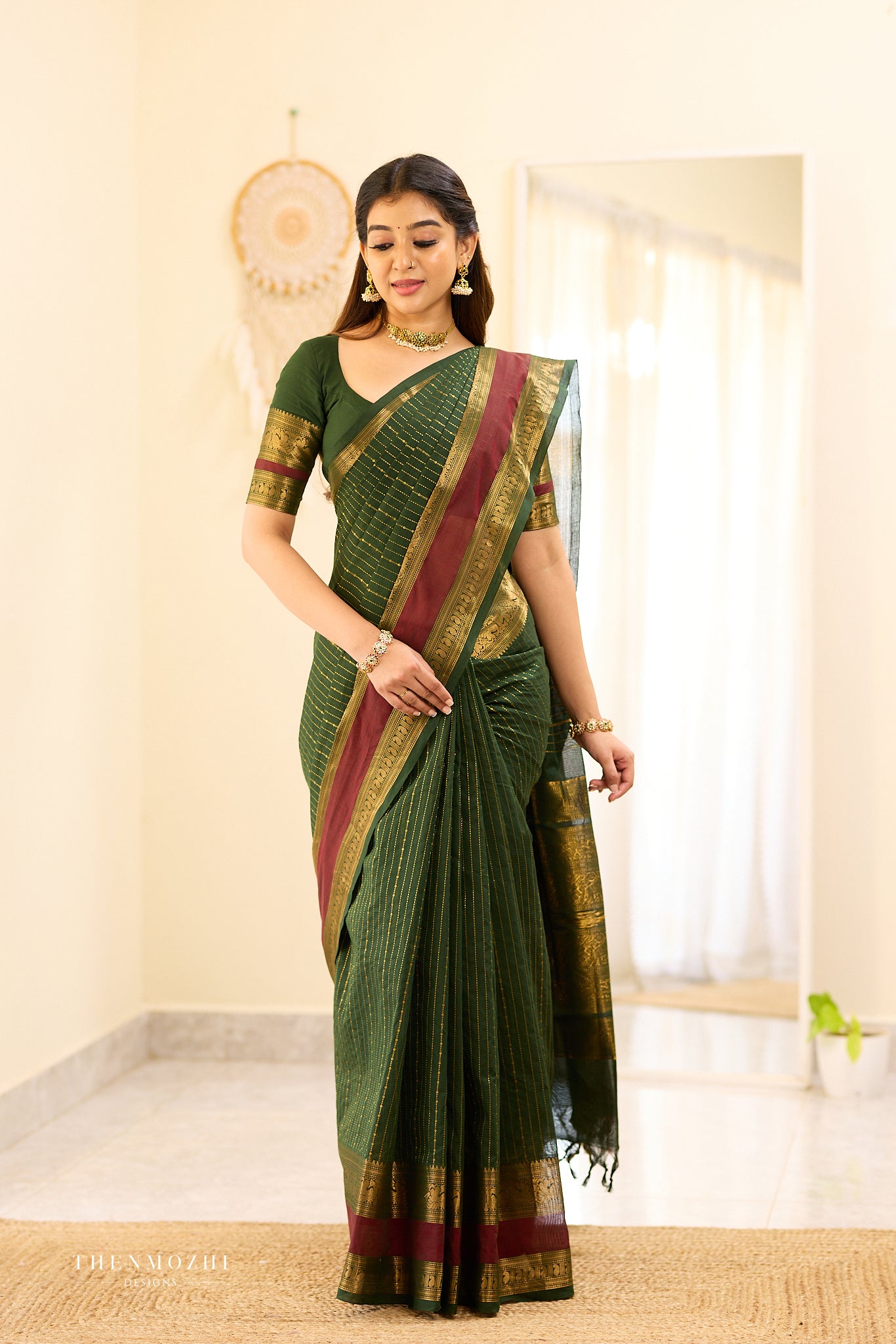 Bottle Green and Maroon Border Chettinad Cotton Saree