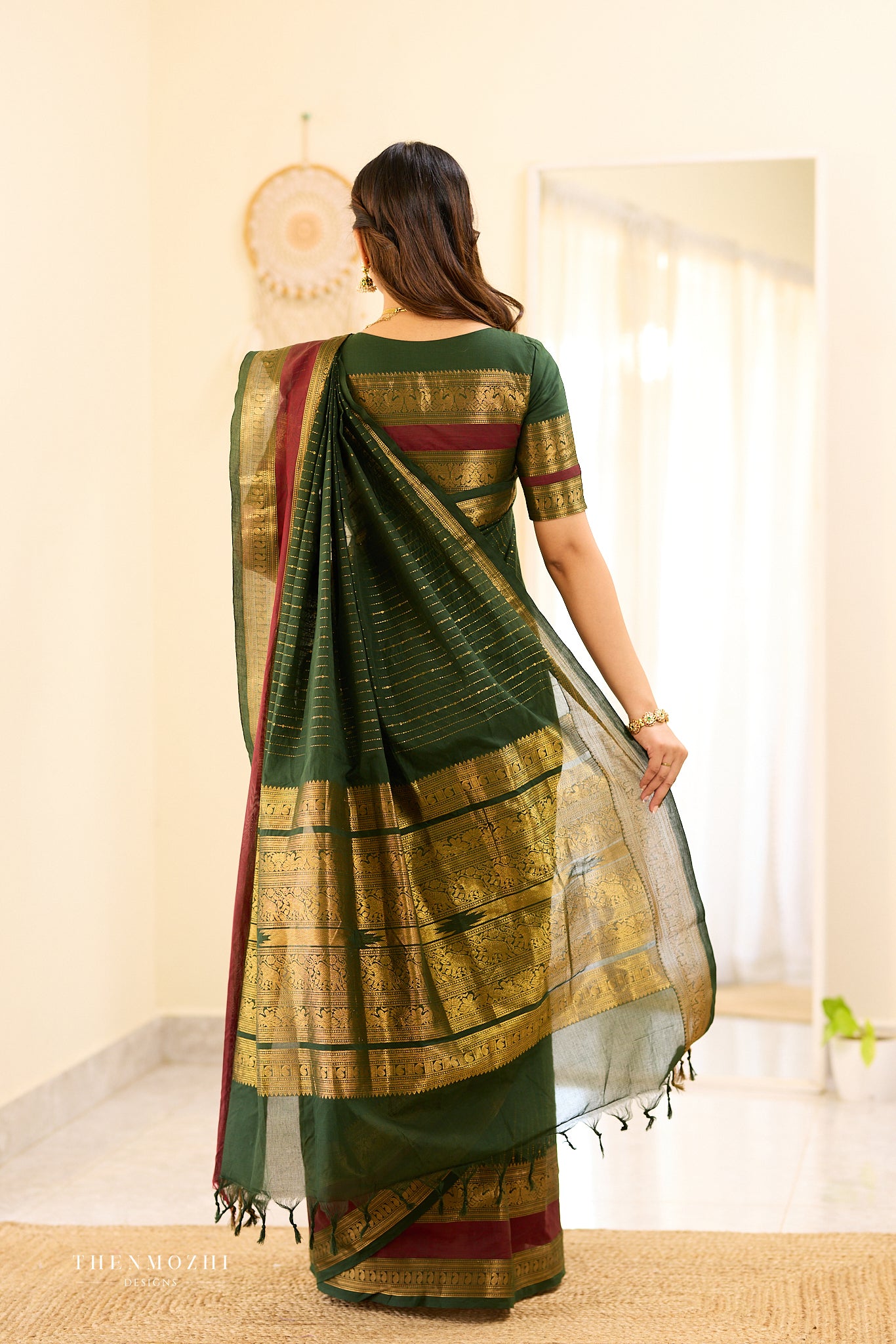 Bottle Green and Maroon Border Chettinad Cotton Saree