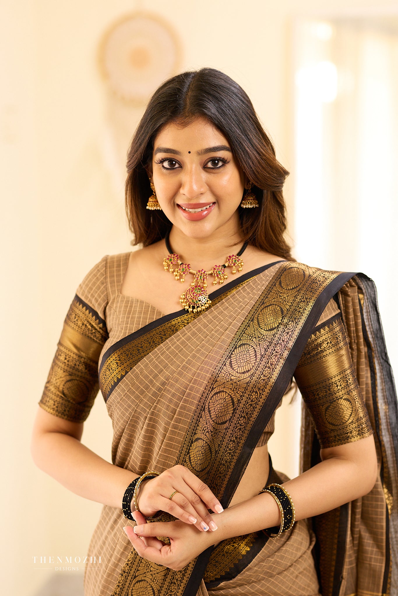 Beige and Black Big Border Chettinad Cotton Saree