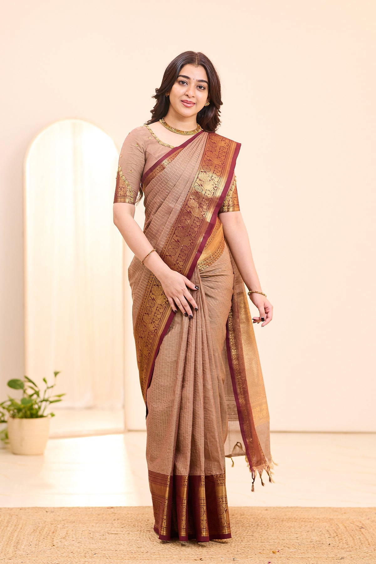 Earthy Cocoa Brown Chettinad Cotton Saree