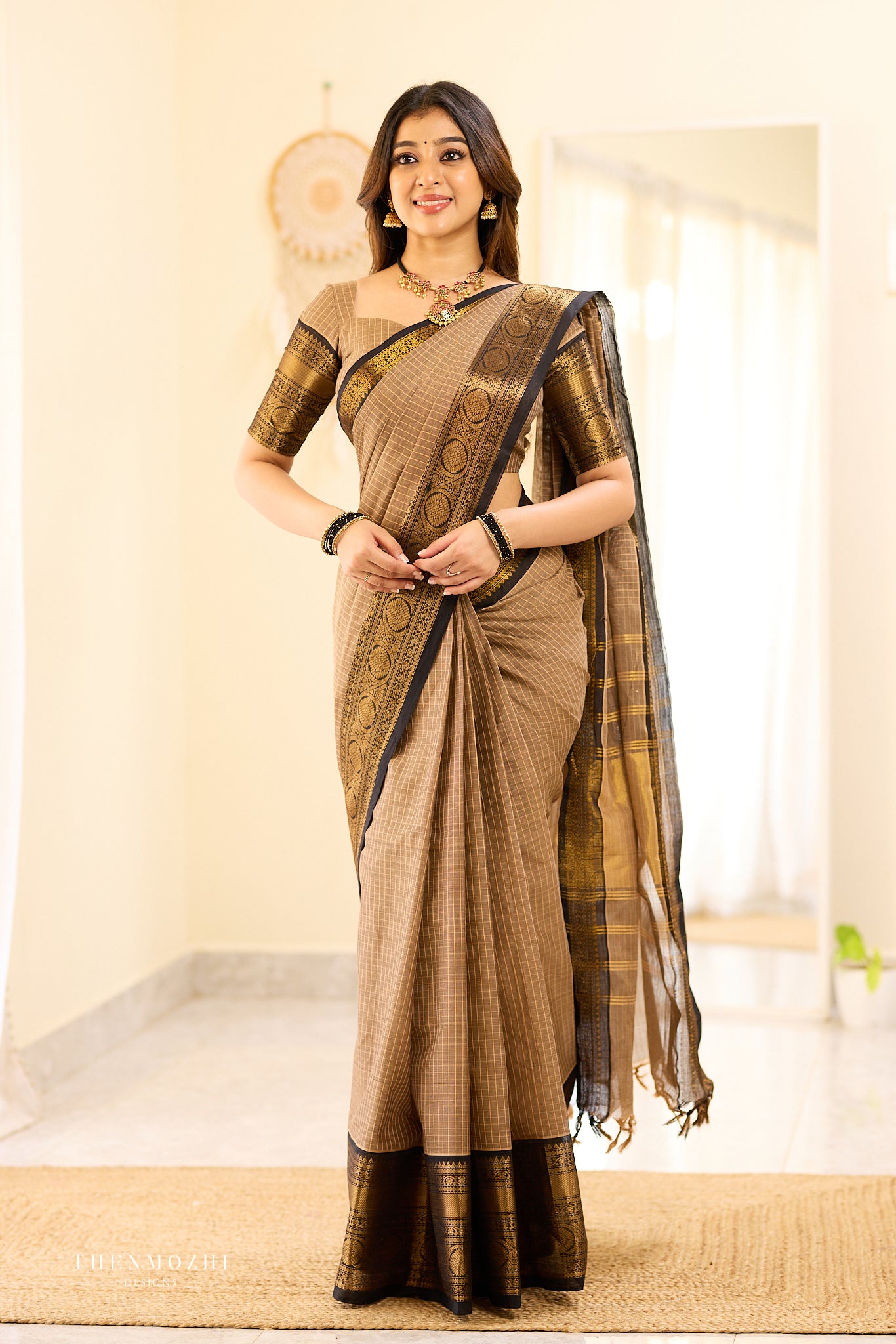 Beige and Black Big Border Chettinad Cotton Saree
