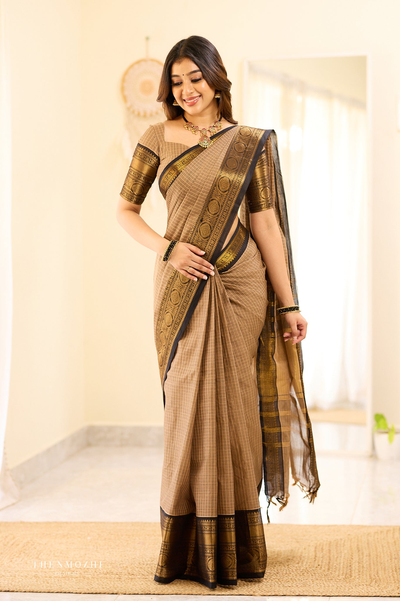 Beige and Black Big Border Chettinad Cotton Saree
