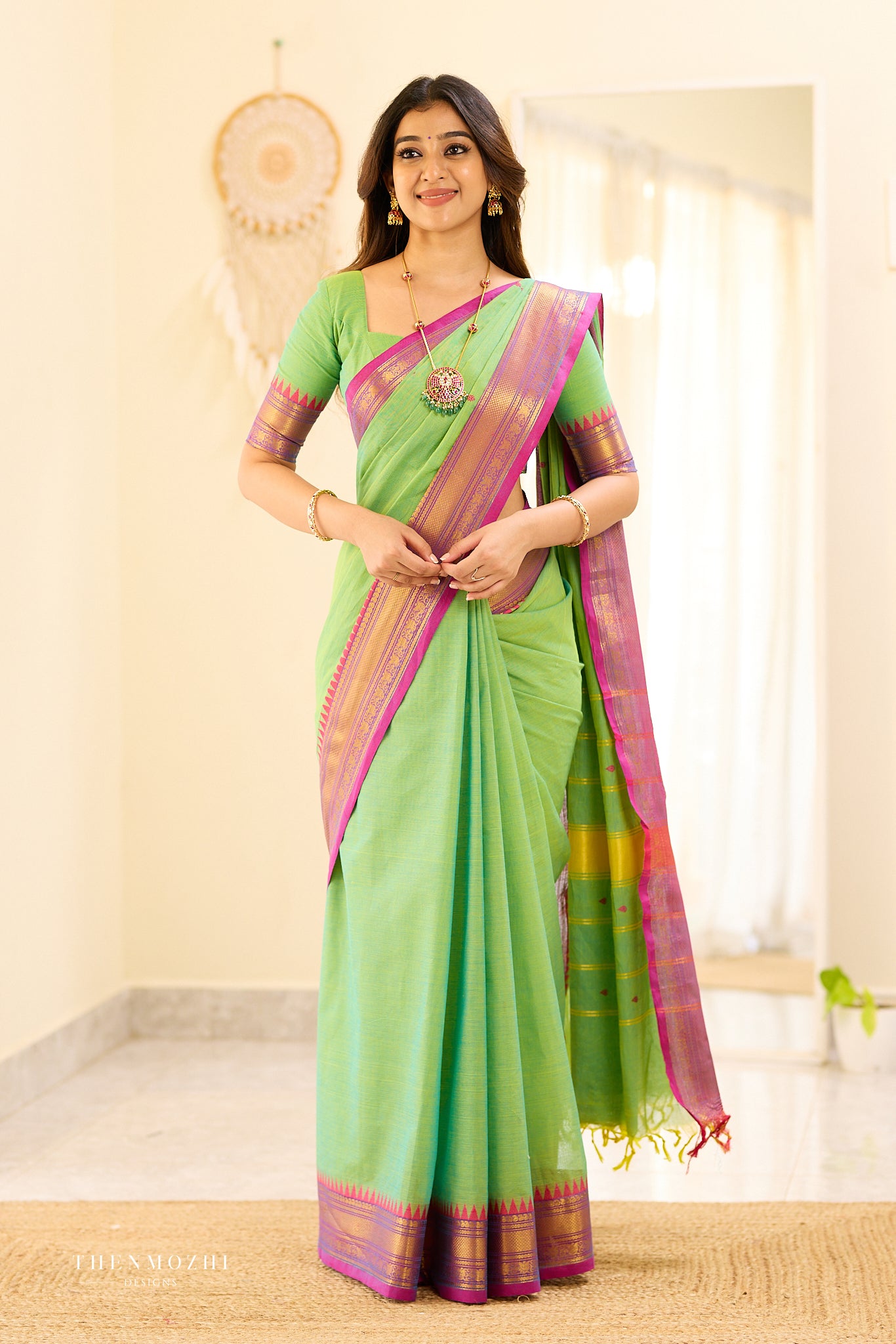 Pista Green and Purple Border Chettinad Cotton Saree