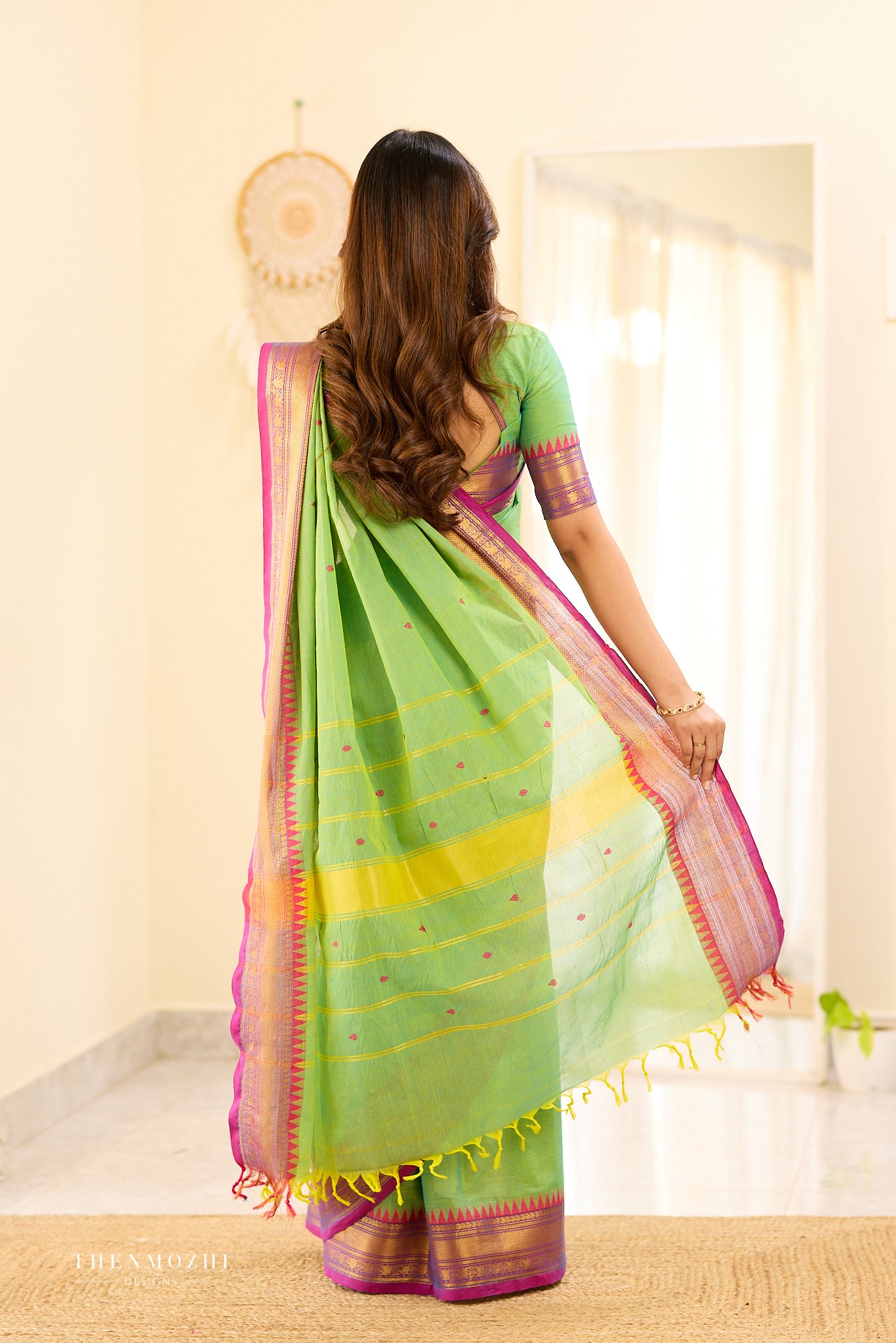 Pista Green and Purple Border Chettinad Cotton Saree
