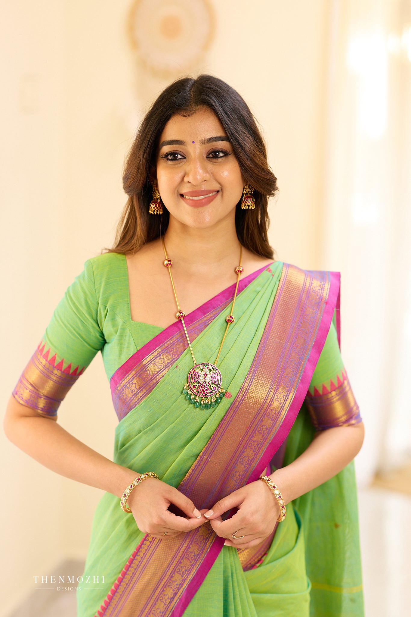 Pista Green and Purple Border Chettinad Cotton Saree