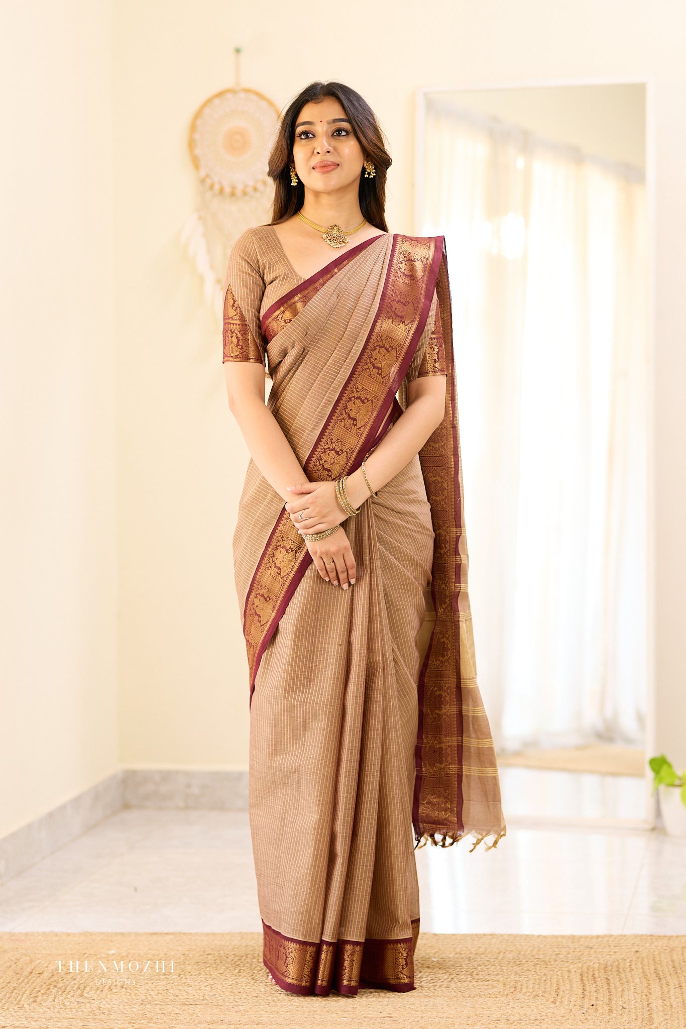 Taupe Beige and Maroon Border Chettinad Cotton Saree