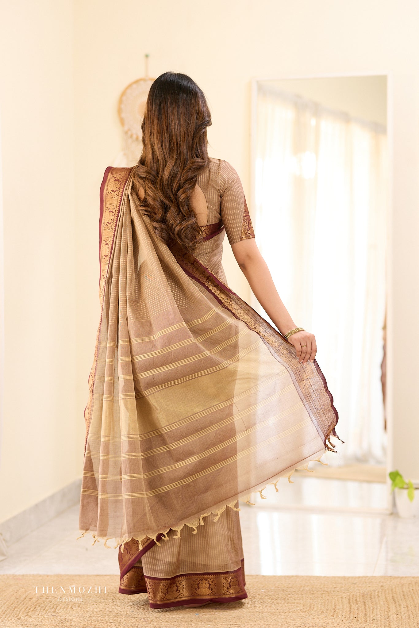 Taupe Beige and Maroon Border Chettinad Cotton Saree