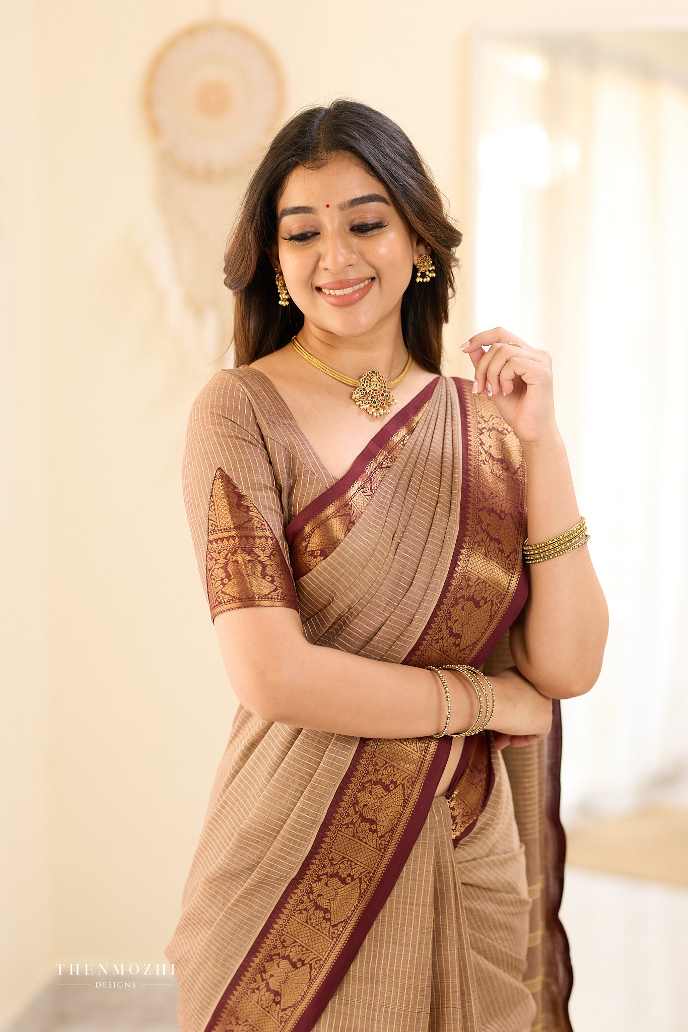 Taupe Beige and Maroon Border Chettinad Cotton Saree