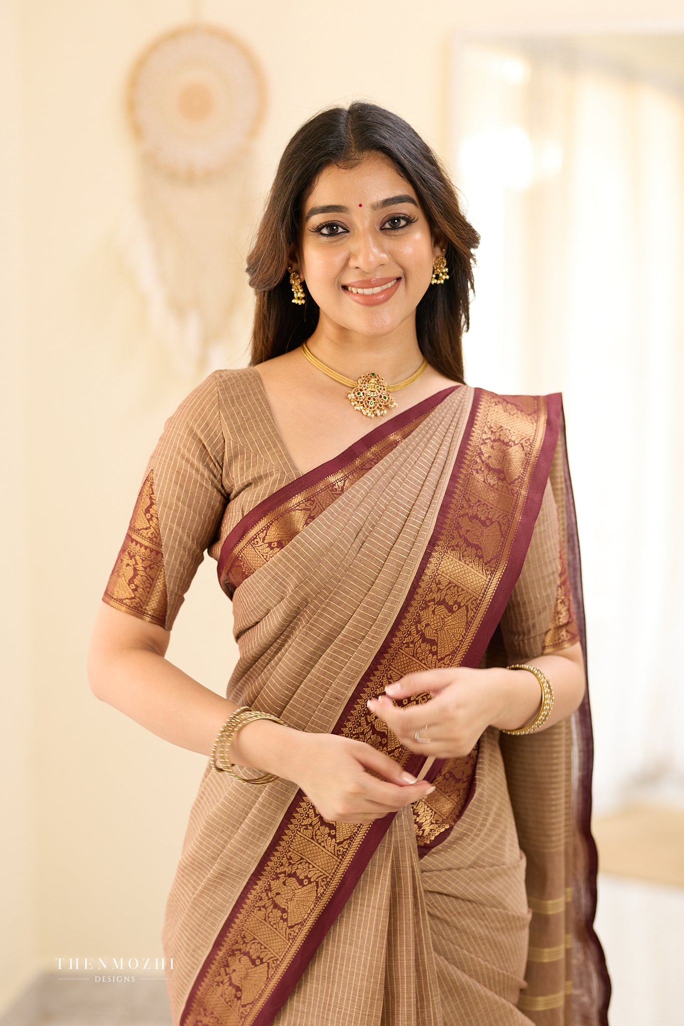 Taupe Beige and Maroon Border Chettinad Cotton Saree