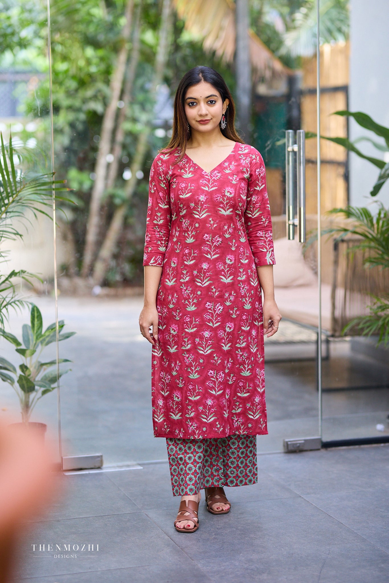 Deep Rose Red Block Print Co-ord Set with Back Corset Lacing