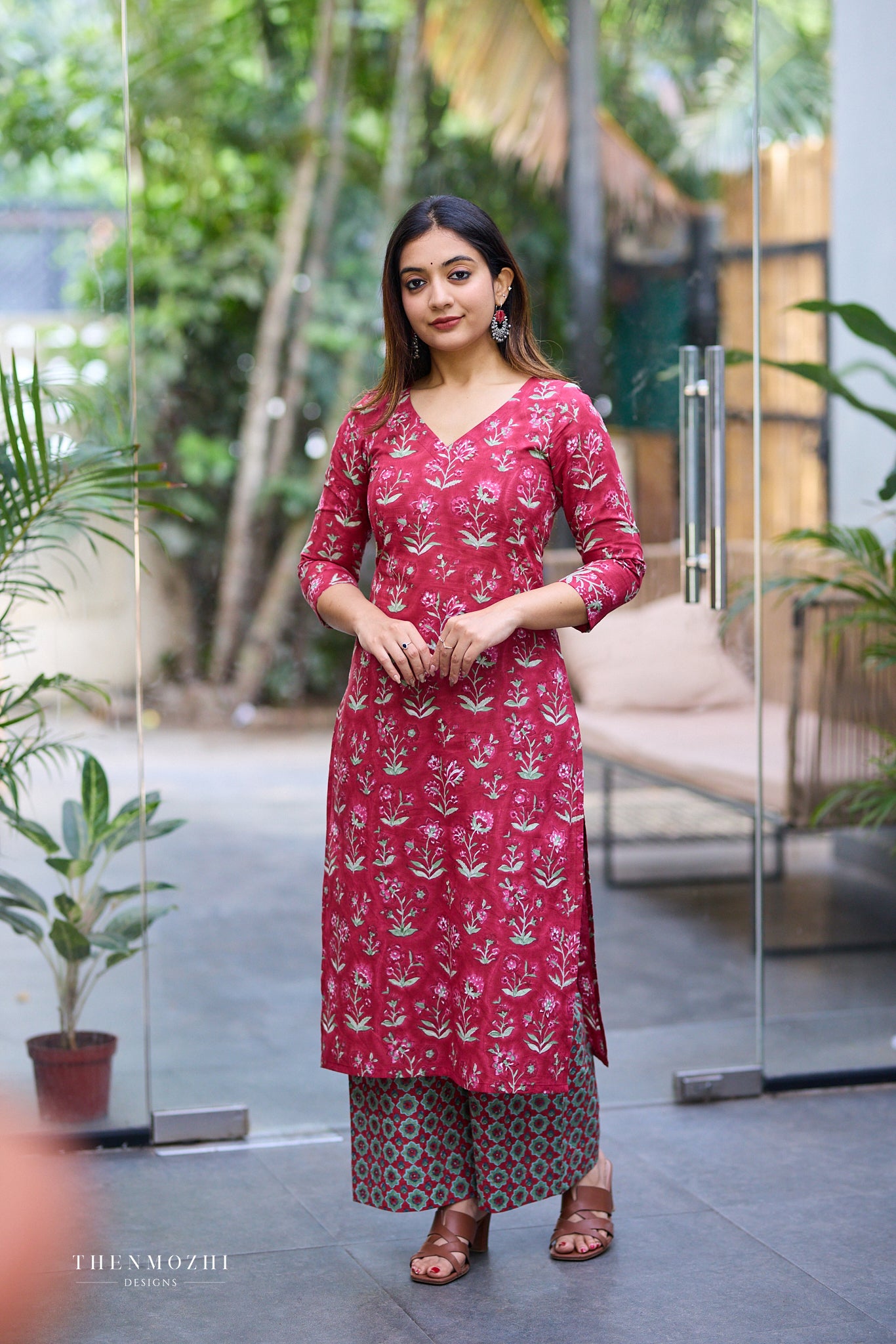 Deep Rose Red Block Print Co-ord Set with Back Corset Lacing