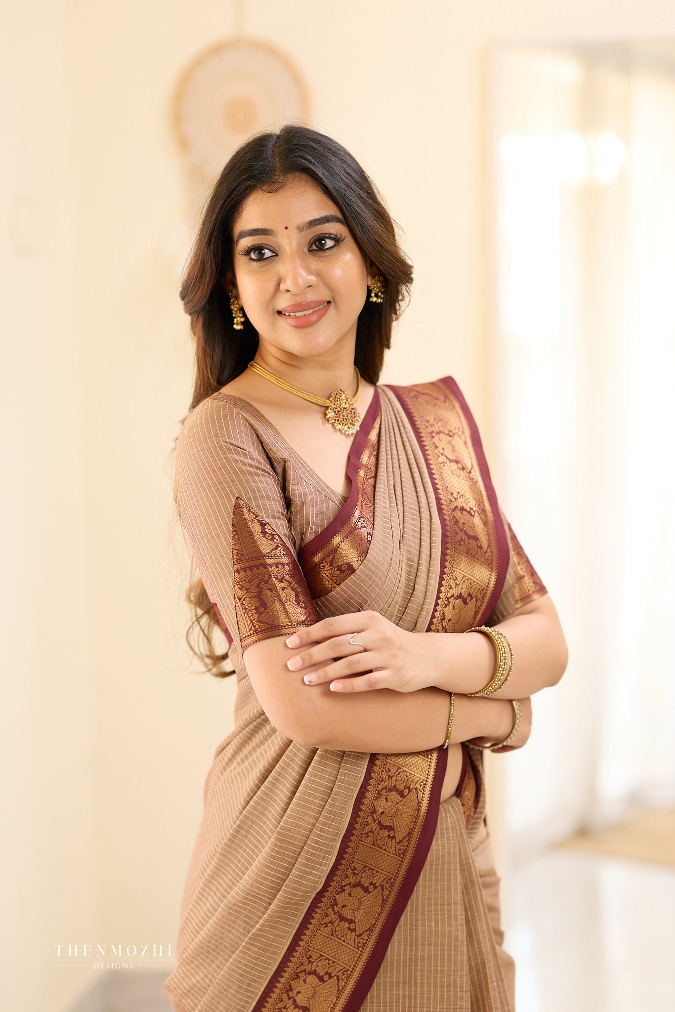 Taupe Beige and Maroon Border Chettinad Cotton Saree