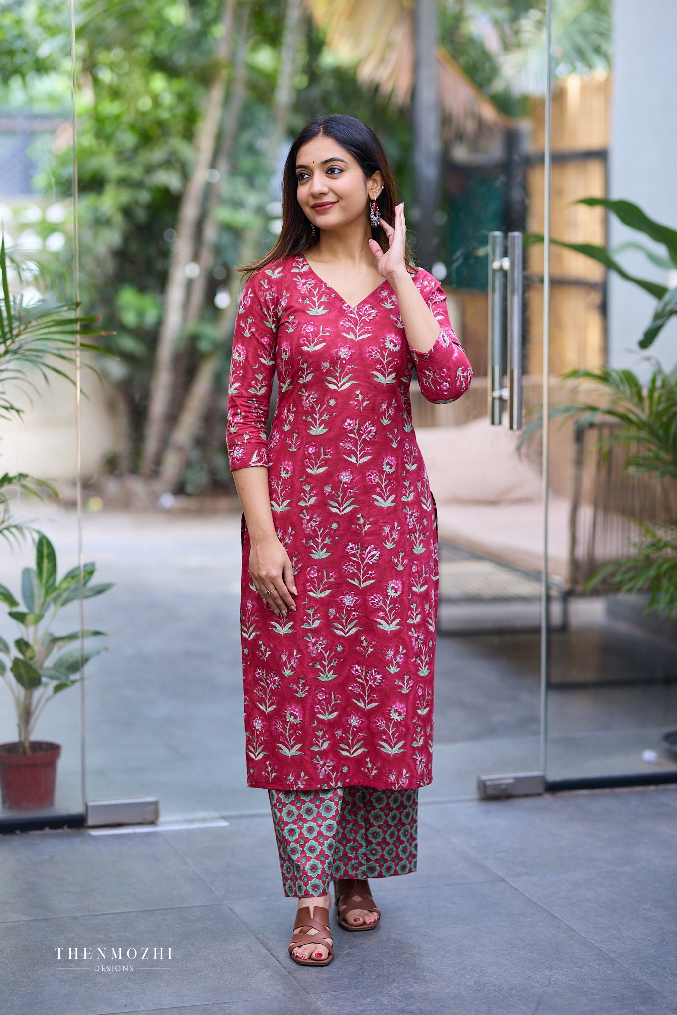 Deep Rose Red Block Print Co-ord Set with Back Corset Lacing
