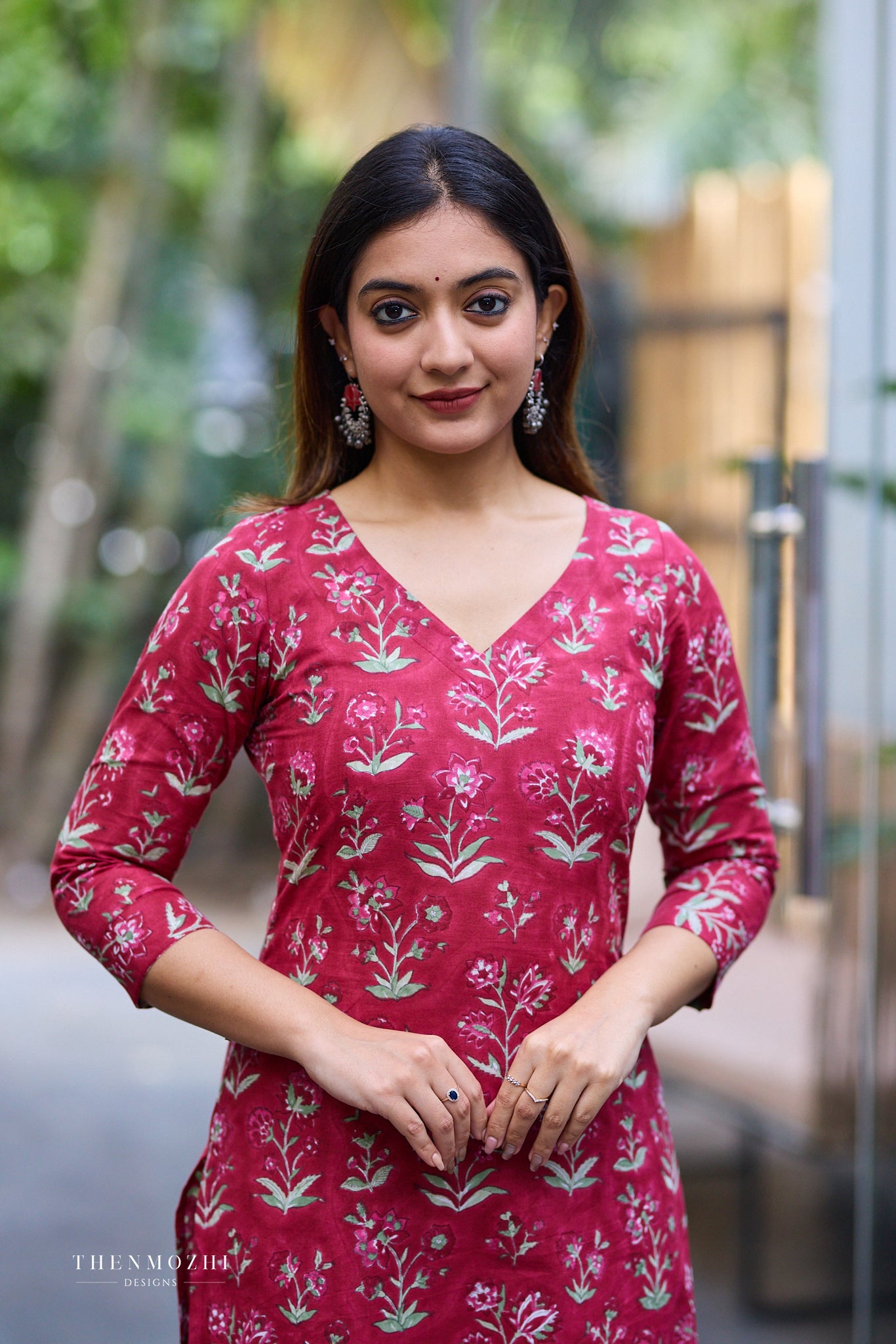 Deep Rose Red Block Print Co-ord Set with Back Corset Lacing