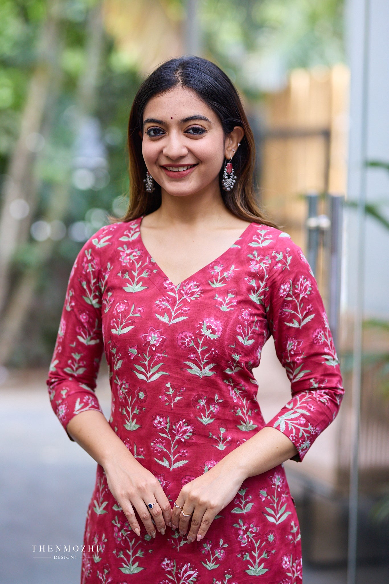 Deep Rose Red Block Print Co-ord Set with Back Corset Lacing