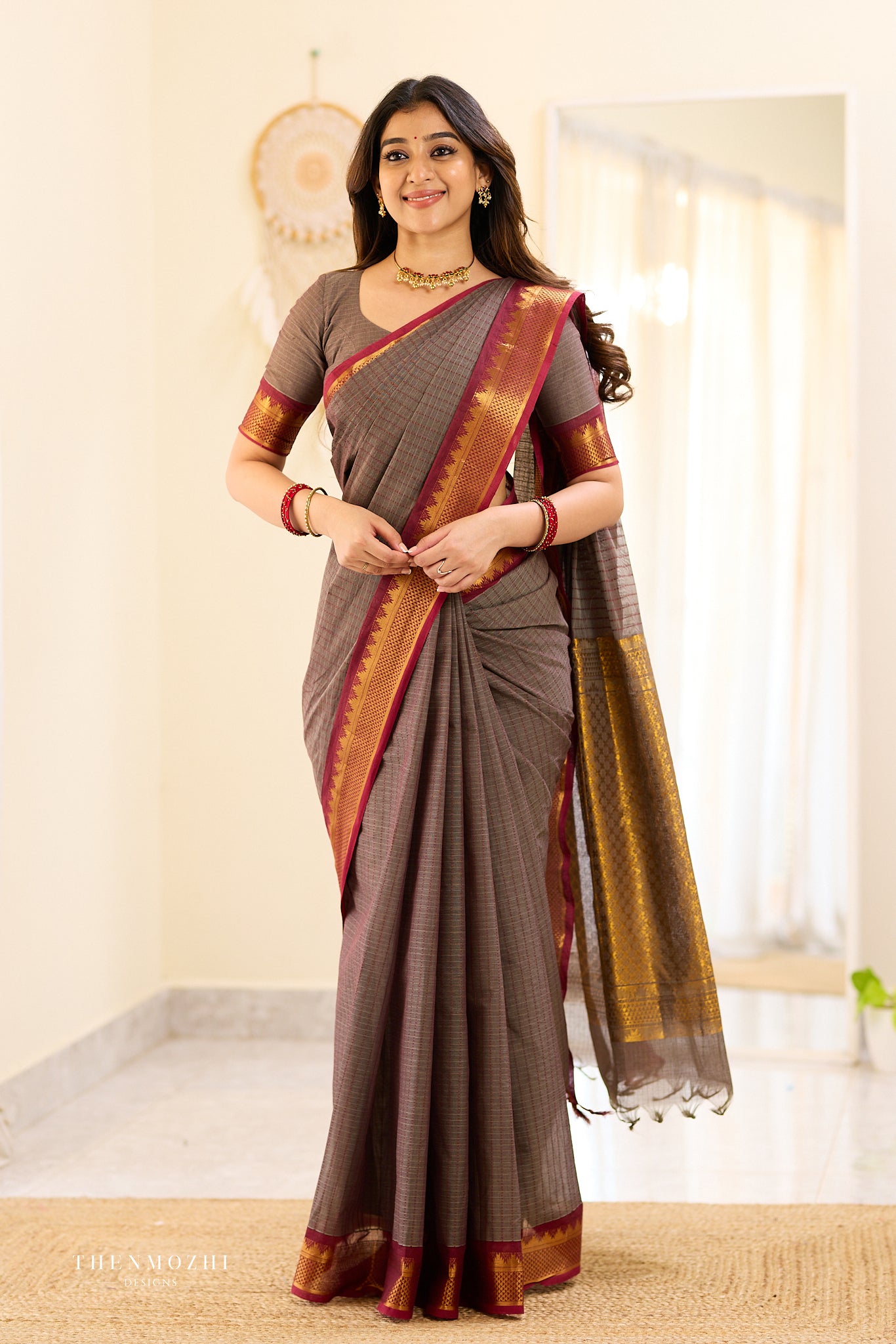 Smokey Grey and Maroon Border Chettinad Cotton Saree