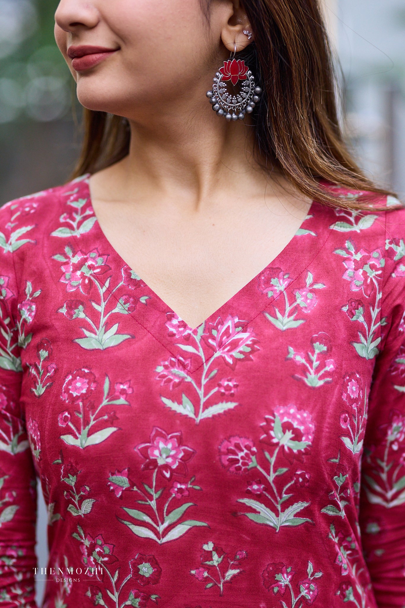 Deep Rose Red Block Print Co-ord Set with Back Corset Lacing