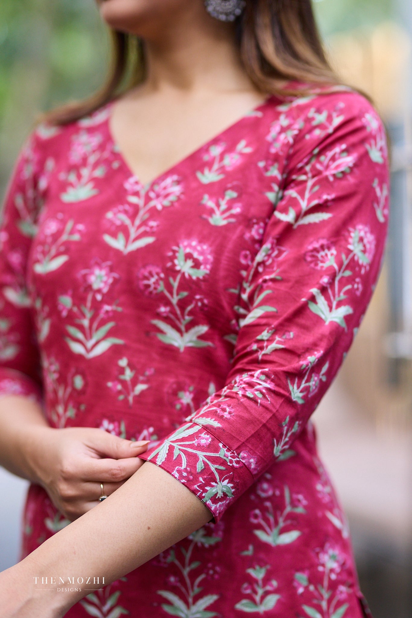 Deep Rose Red Block Print Co-ord Set with Back Corset Lacing