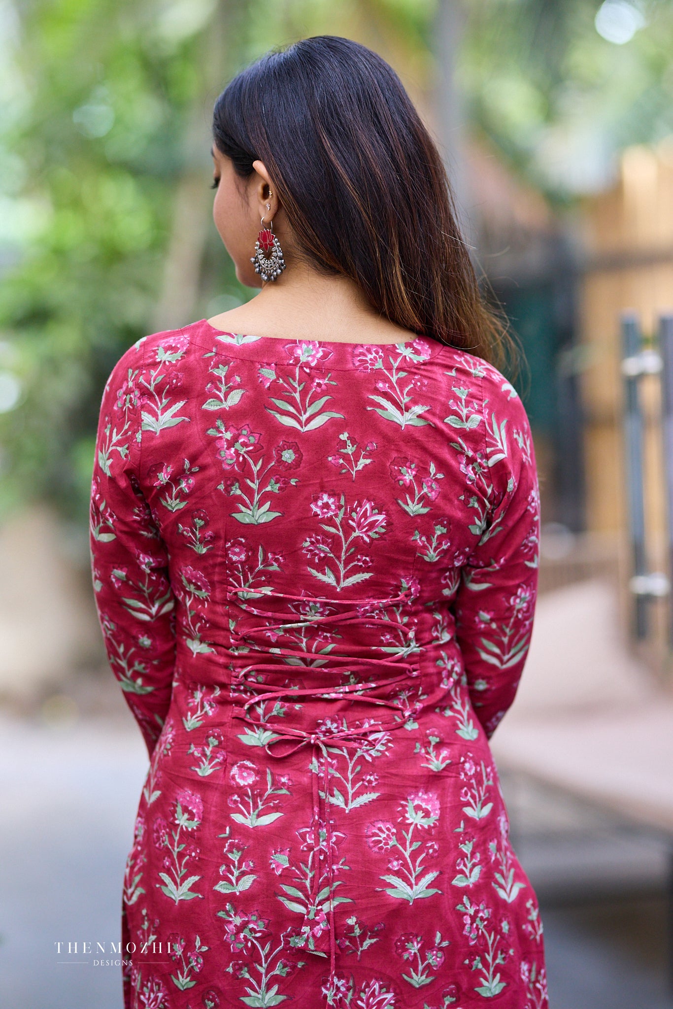 Deep Rose Red Block Print Co-ord Set with Back Corset Lacing
