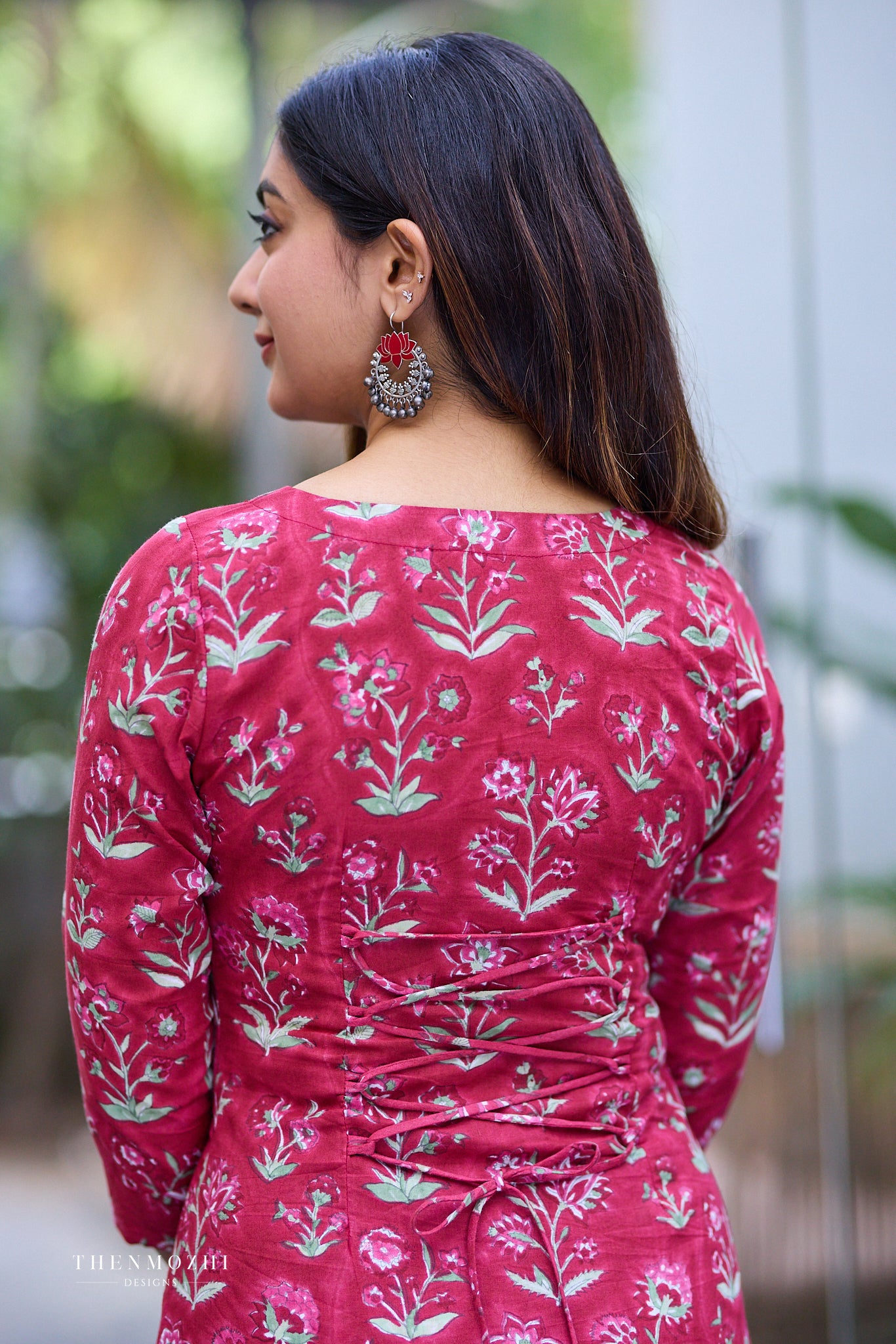 Deep Rose Red Block Print Co-ord Set with Back Corset Lacing