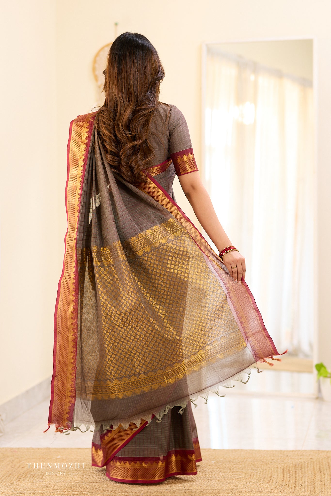 Smokey Grey and Maroon Border Chettinad Cotton Saree