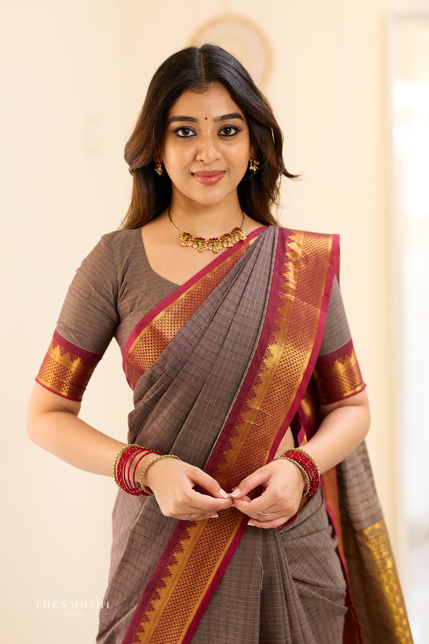 Smokey Grey and Maroon Border Chettinad Cotton Saree