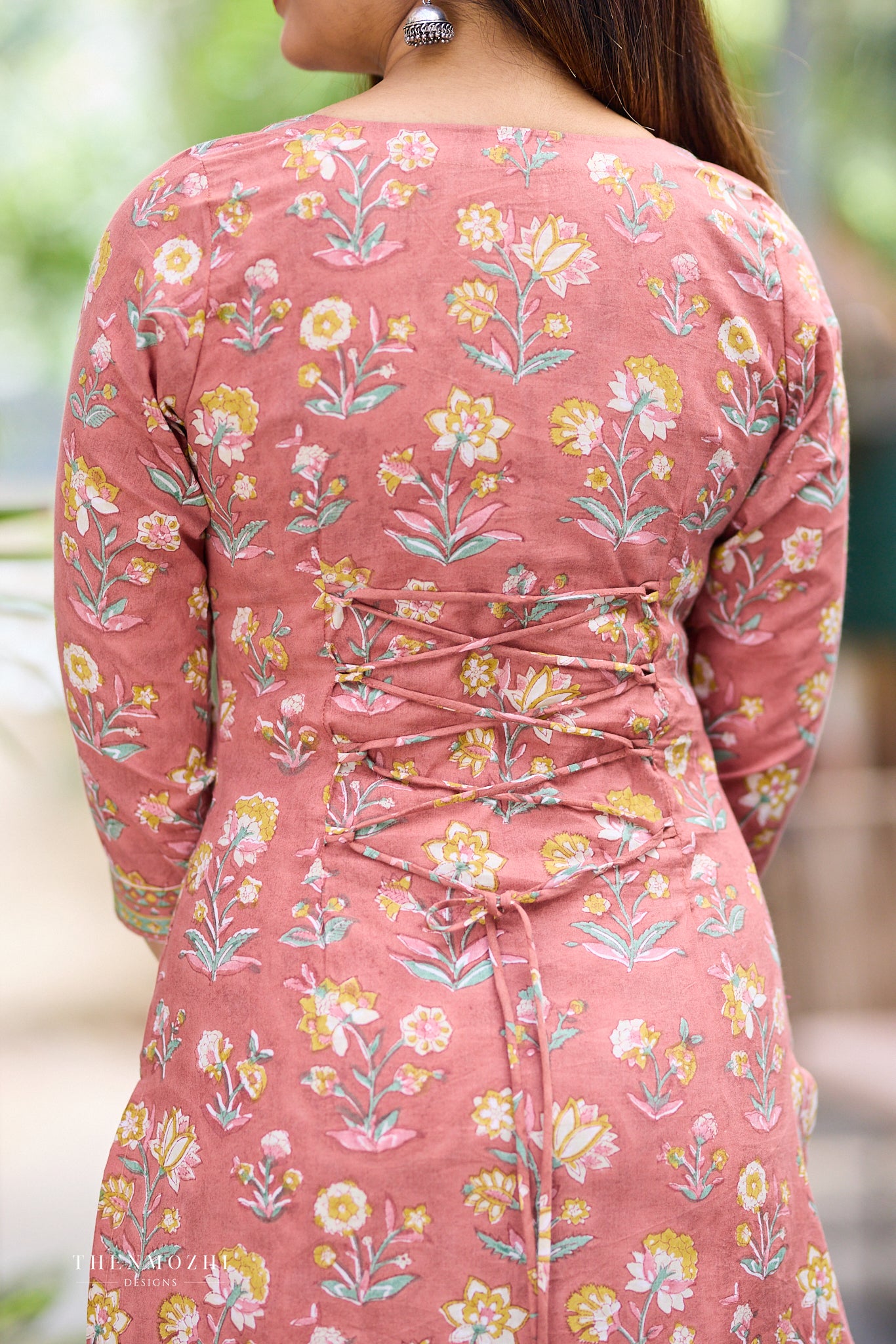 Rustic Coral Block Print Co-ord Set with Back Corset Lacing