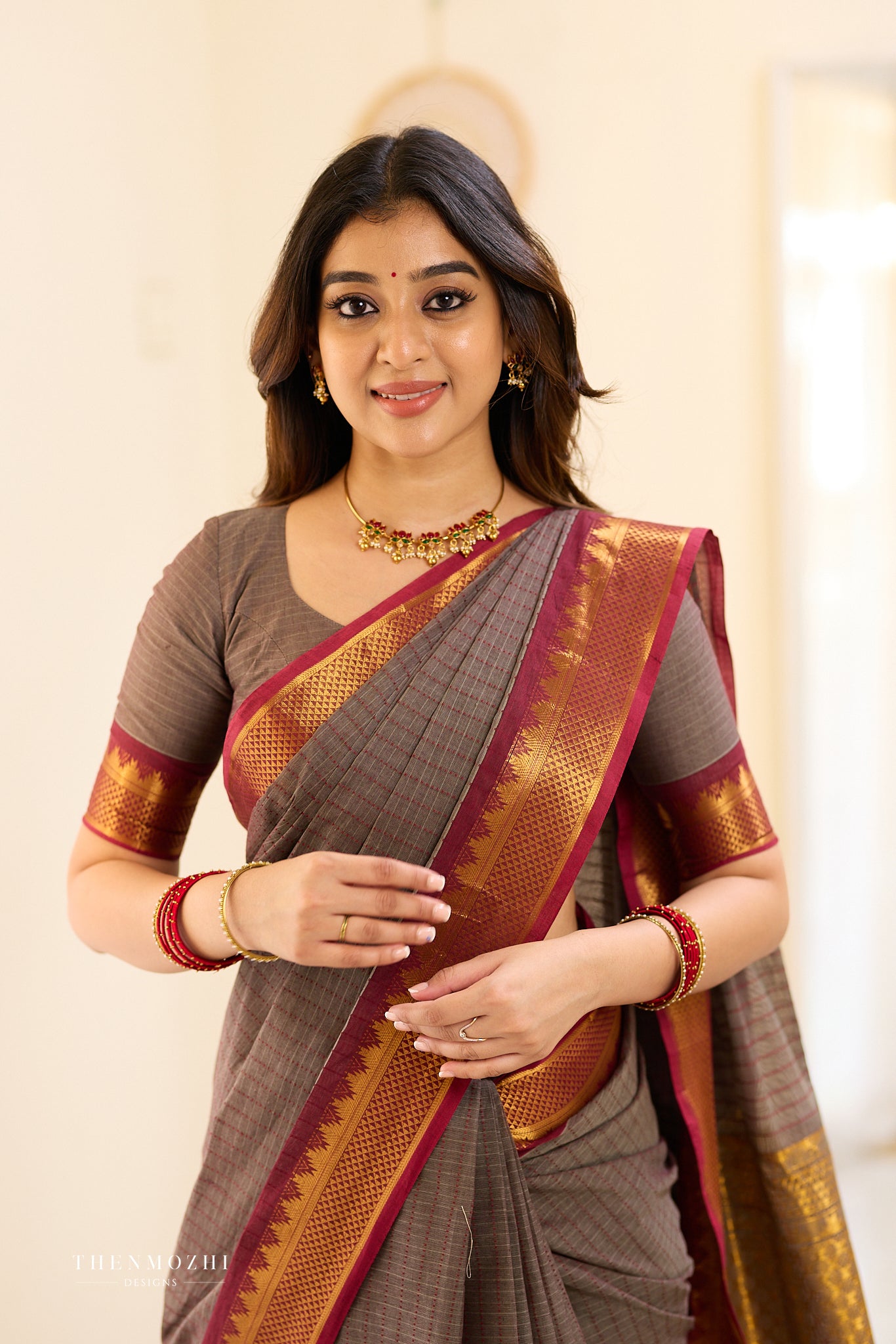 Smokey Grey and Maroon Border Chettinad Cotton Saree