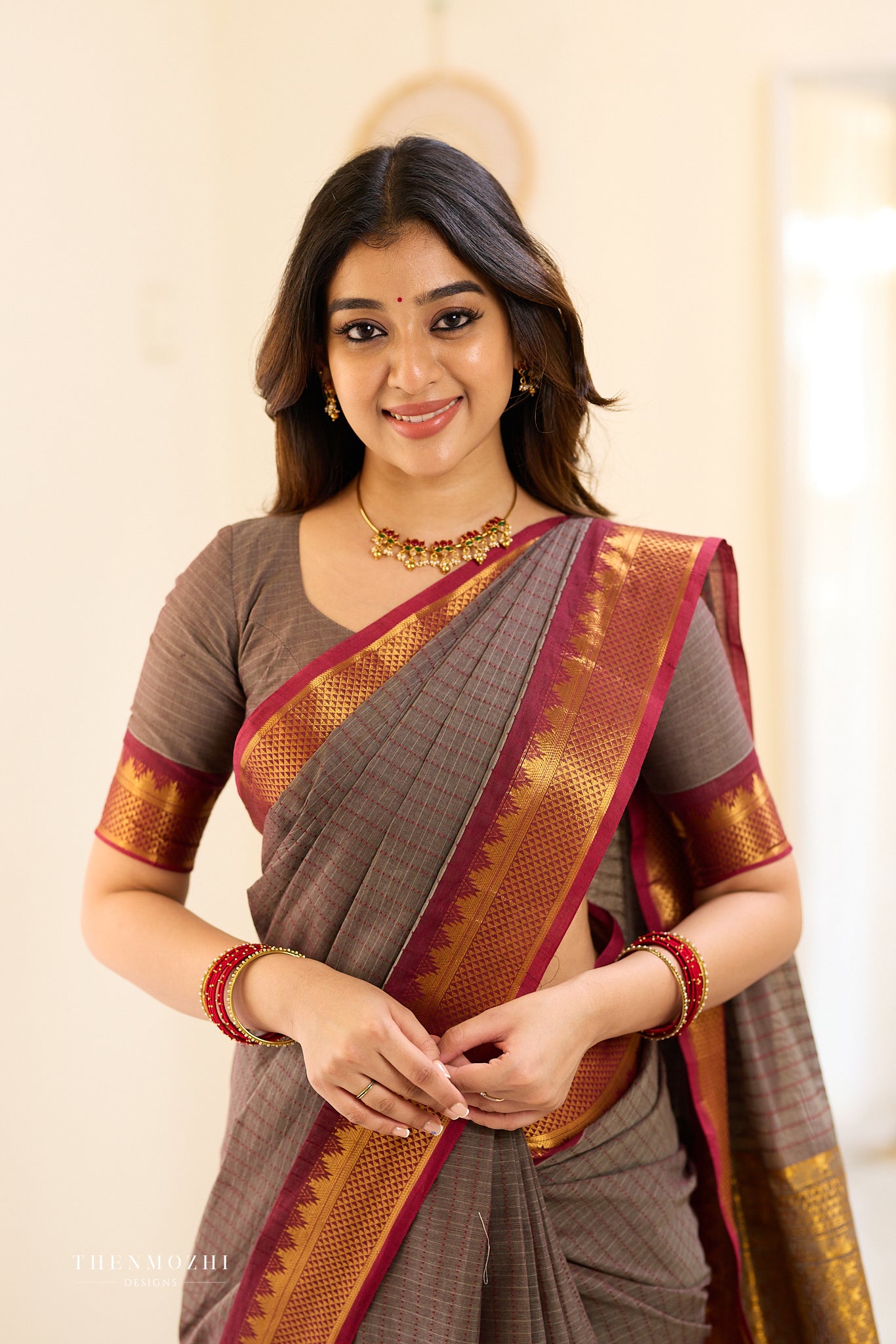 Smokey Grey and Maroon Border Chettinad Cotton Saree