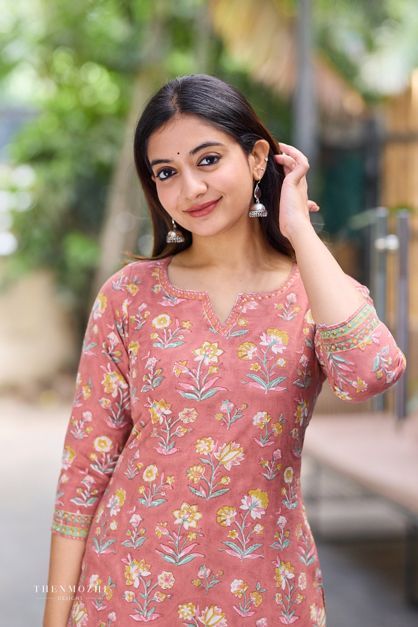 Rustic Coral Block Print Co-ord Set with Back Corset Lacing