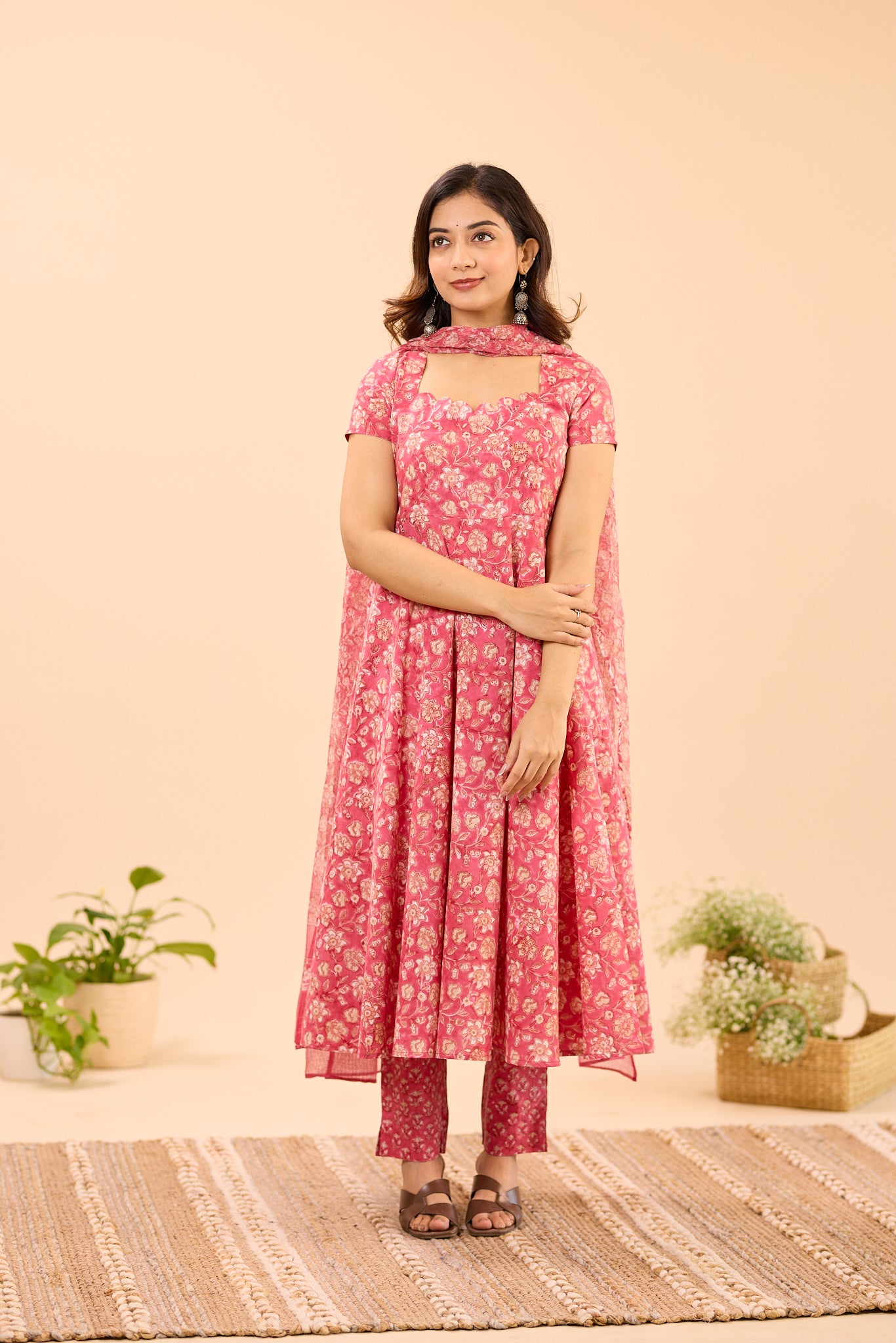 Blush Pink with Scallop Neck Cotton Anarkali Suit Set