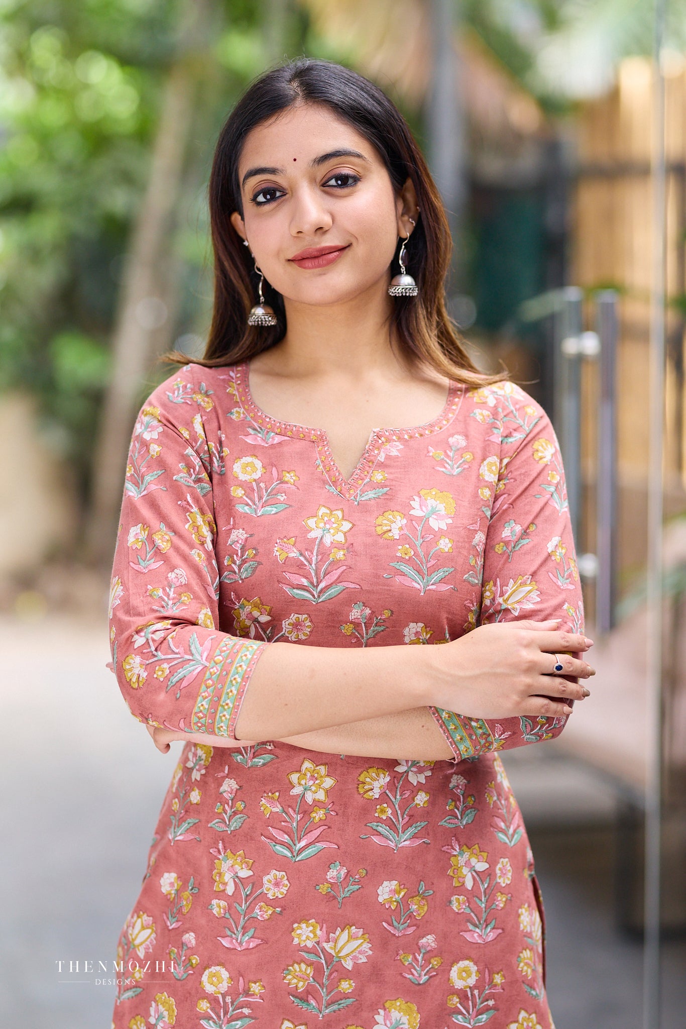 Rustic Coral Block Print Co-ord Set with Back Corset Lacing